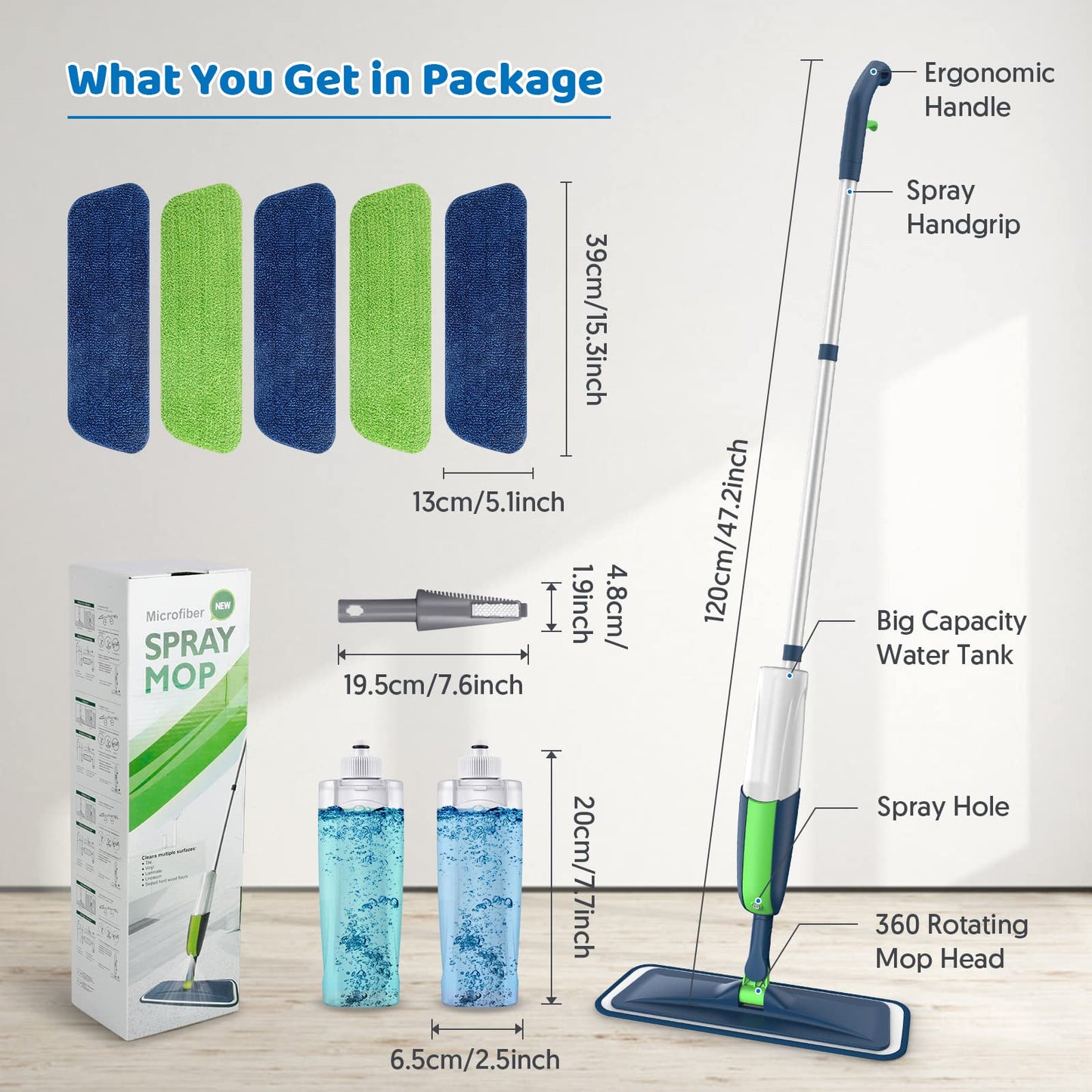 Spray Wet Mops for Hardwood Floor Cleaning: MEXERRIS Floor Mop with 5 Washable Pads for Swiffer Powermop & 2 Refillable Bottles - Home Commercial Dust Dry Mops for Wood Laminate Vinyl Tiles Ceramic