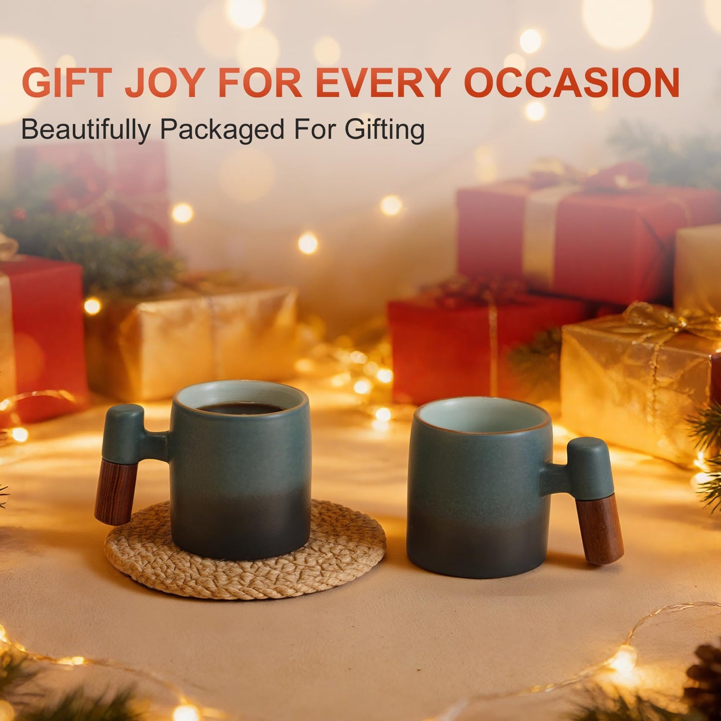 RENEWREVITAL 2.5oz Ceramic Espresso Cups with Wooden Handle, Porcelain Espresso Shot Cups Set of 2, Demitasse Cups for Coffee or Tea, Black, Blue
