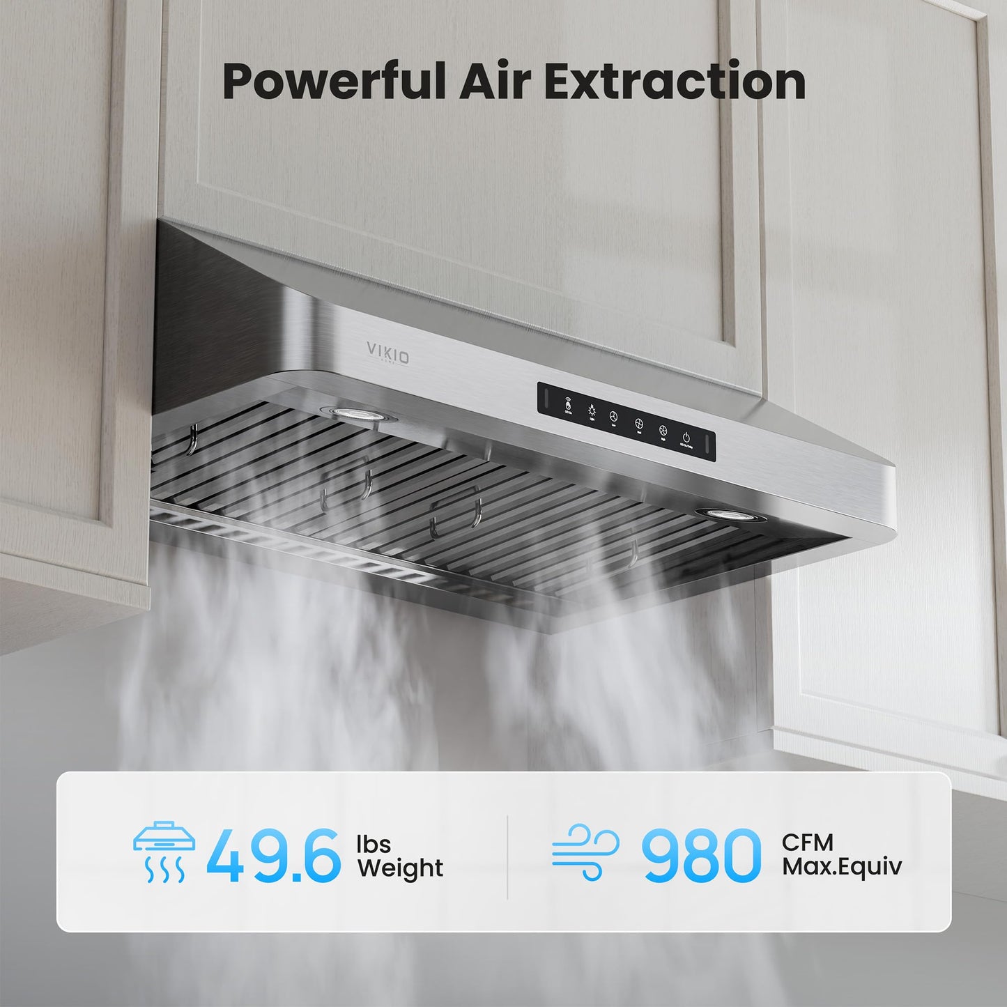 VIKIO HOME Range Hood 36 Inch Under Cabinet, Kitchen Hood with 980 CFM, 3-Speed Gesture Sensing & Touch Control Panel, Stainless Steel Vent 3 Pcs Baffle Filters with Handlebar, Ducted, LED light
