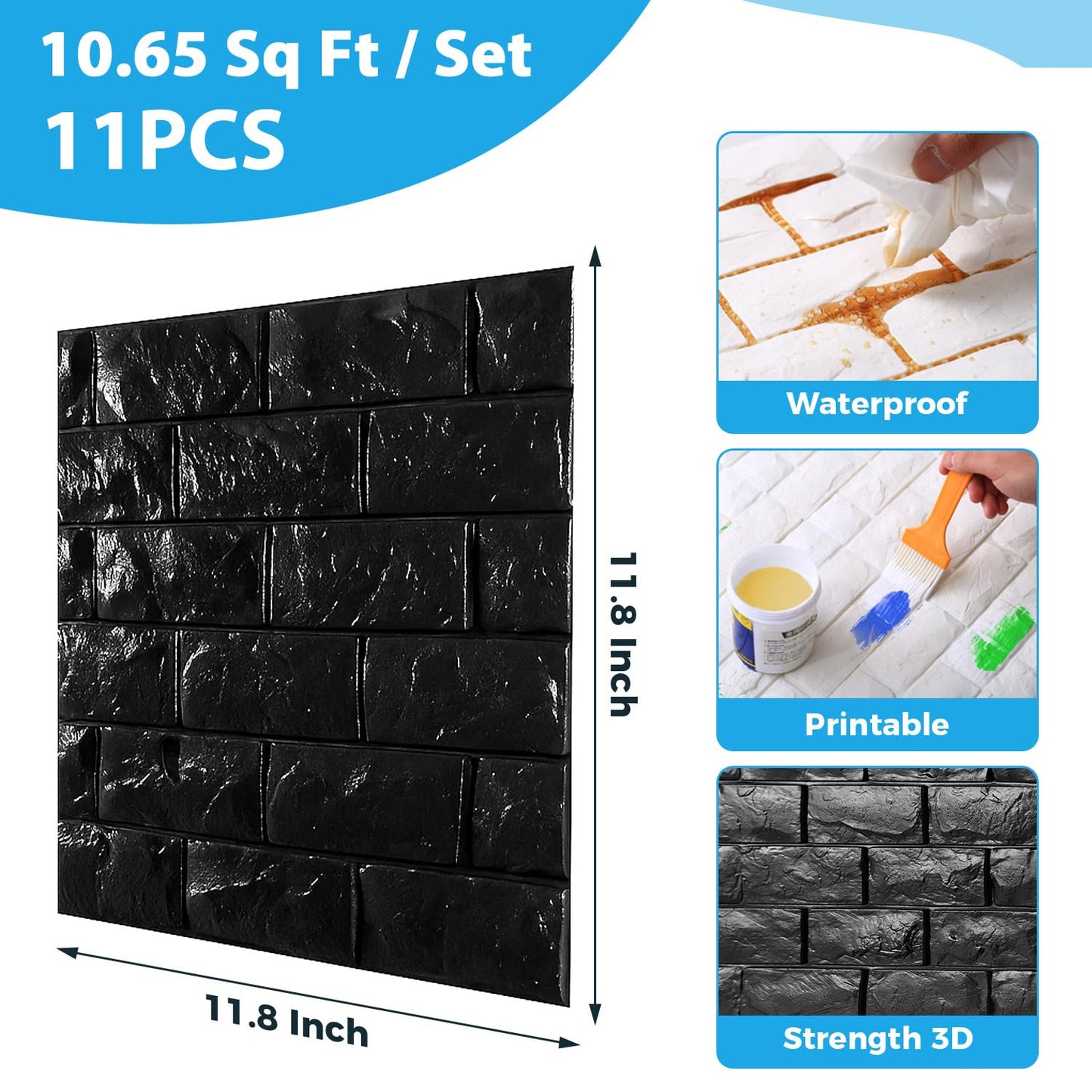 Circloophs 3D Wall Panels Stick and Peel, Black Brick Printable 3D Wallpaper Stick and Peel Self Adhesive Waterproof Foam Faux Brick Paneling for Bedroom, Bathroom, Kitchen, Fireplace (11, Black)