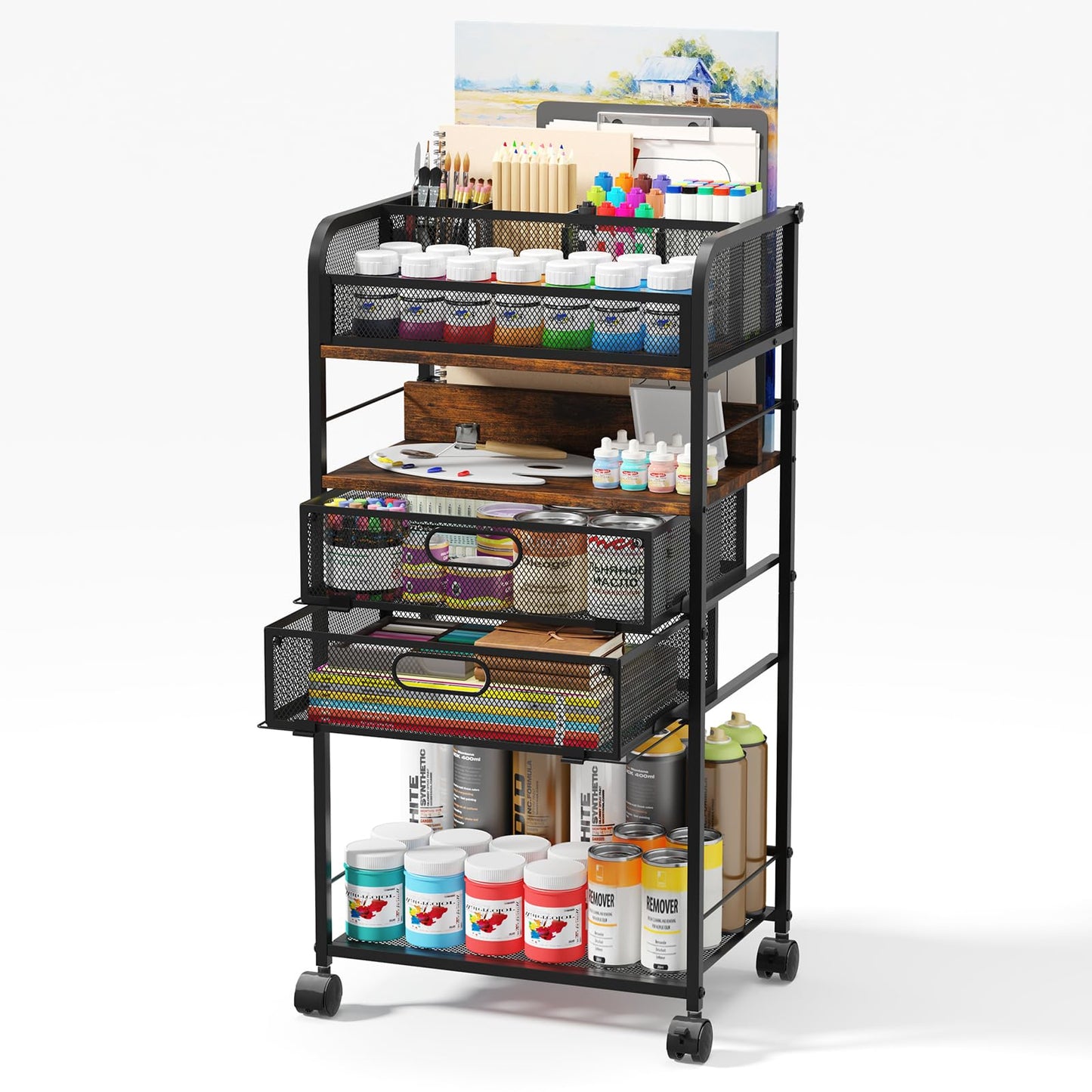 Homsorout Art cart, 5 Tier Rolling Cart - Utility Cart with Storage Drawer and Wheels, Versatile Art & Craft Organizer for Home, Office, or Studio Ideal for Storing Brushes, Paints