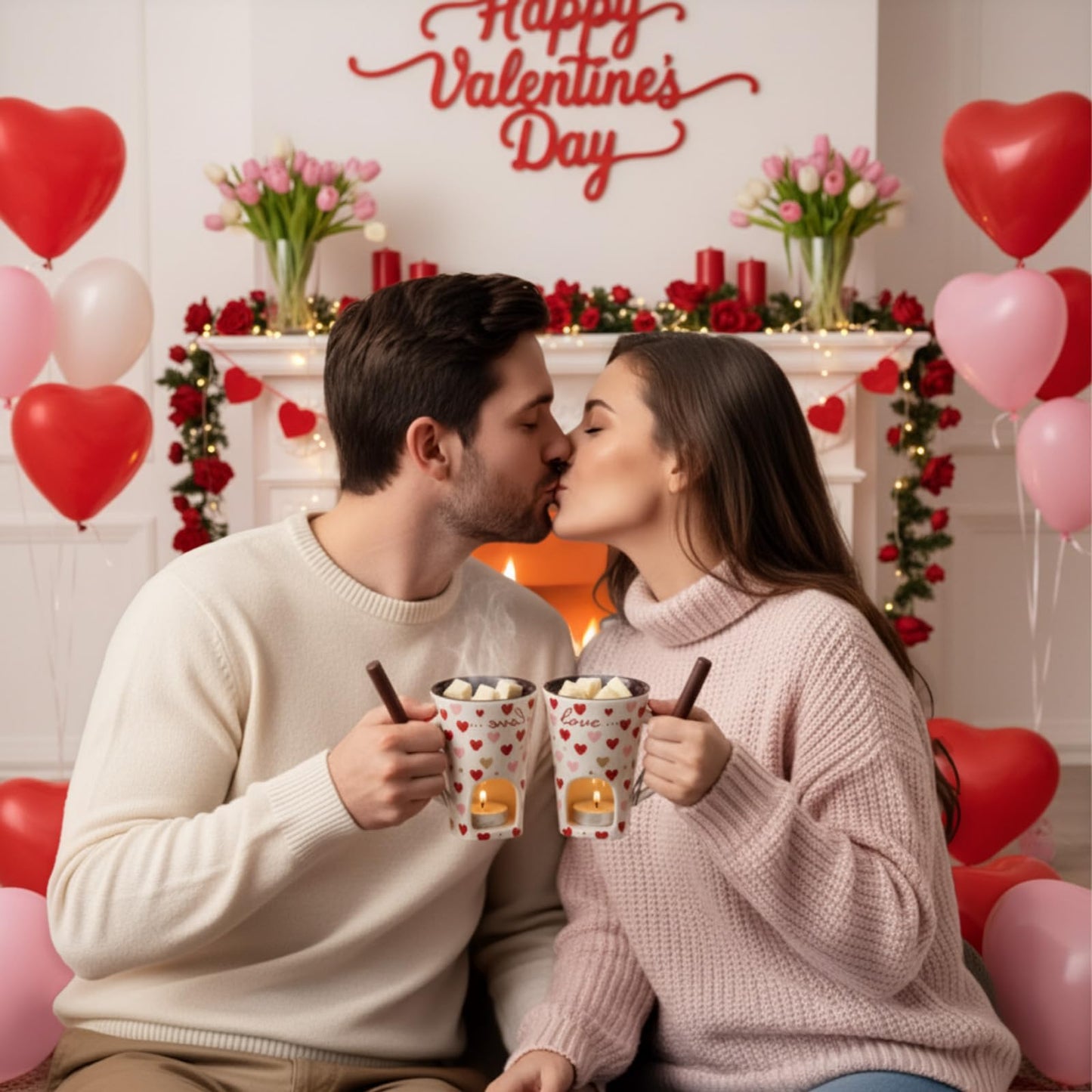 Honeydak Heart Chocolate Fondue Mug with Fork and 3 Candle Sweet Ceramic Personal Chocolate Melting Cup Ideal Couple Mom Gifts Birthday Date Night Birthday Wedding Gifts