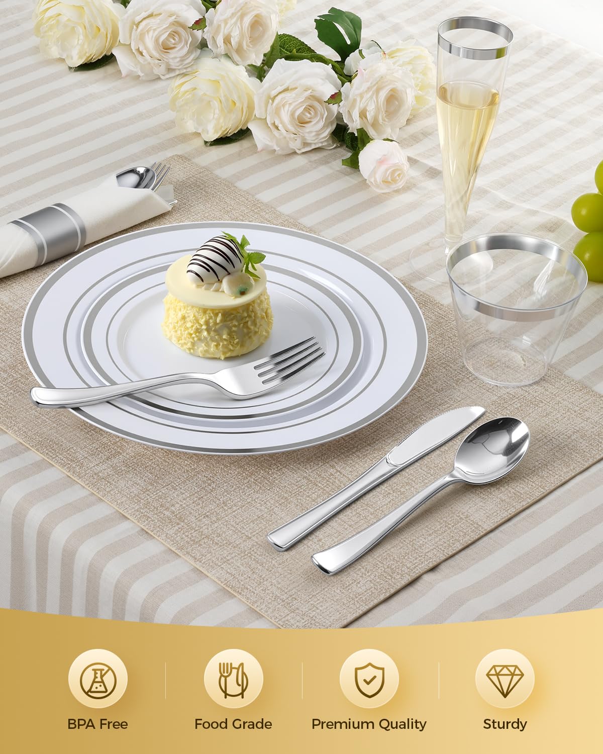 Goodluck 320 PCS Silver Disposable Plastic Dinnerware Set for 40 Guests, Include 40 Dinner Plates, 40 Dessert Plates, 40 Napkins with Silverware, 40 Cups, 40 Champagne Glasses, for Christmas, Wedding
