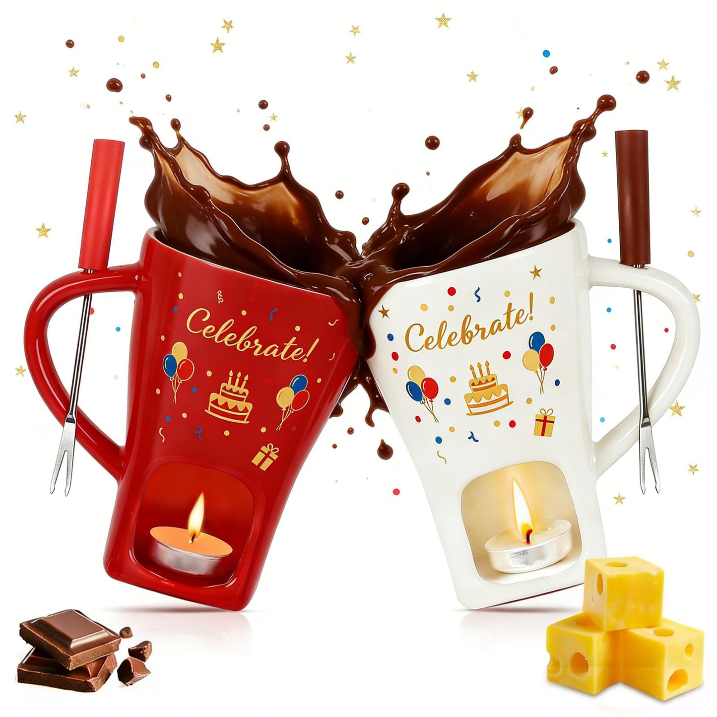 HANEVEAR Chocolate Fondue Mug, Mini Personal Chocolate Melting Mug with 4 Forks and 4 Tealights, Ceramic Fondue Cup for Cheese, Butter - Birthday Gift, Date Night & Wedding Celebrations