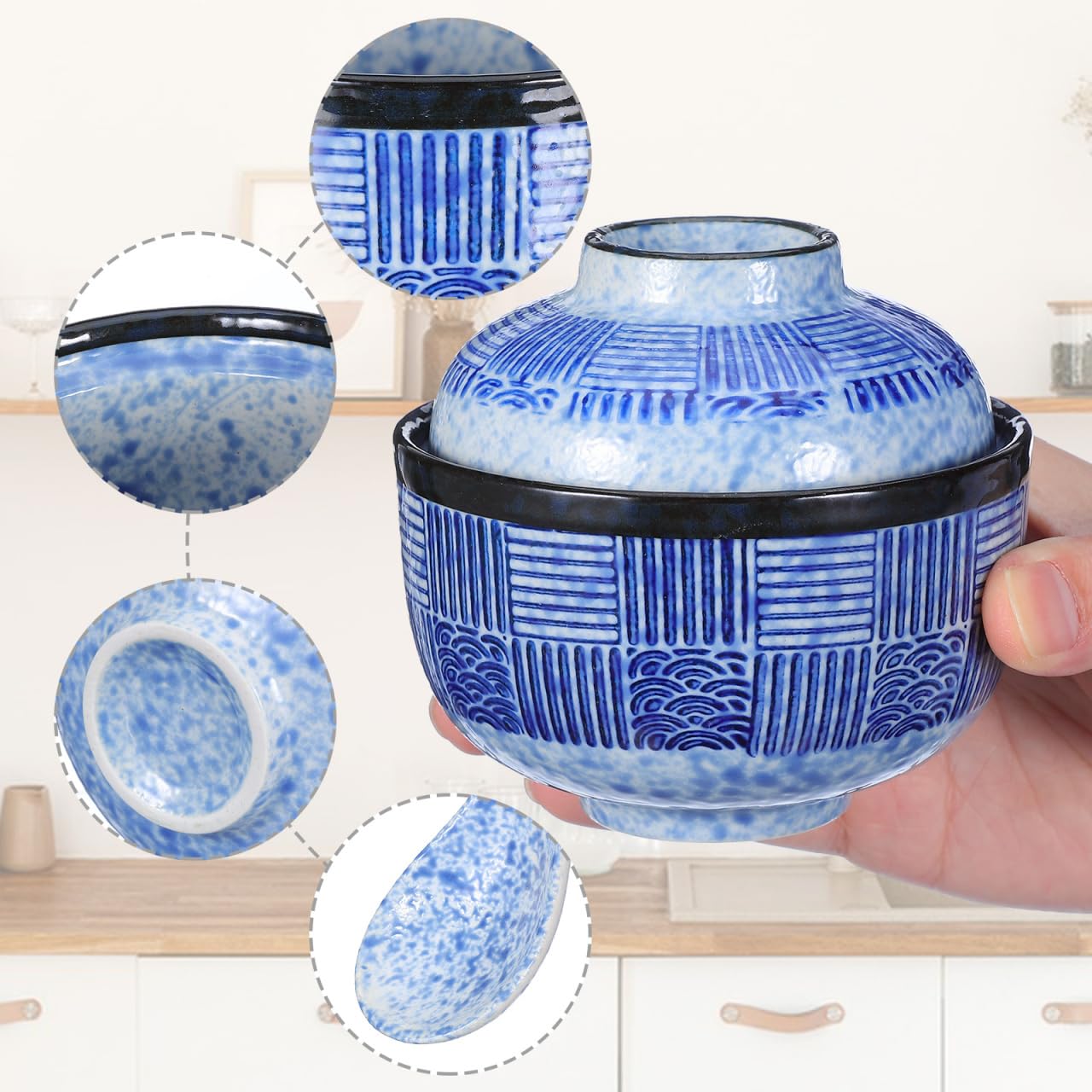 Kichvoe Japanese Ceramic Soup Bowl Set with Lid & Spoon, 4"/8.45oz Miso/Ramen Bowl for Noodles, Rice, Family Dinners & Home Kitchen Dinnerware