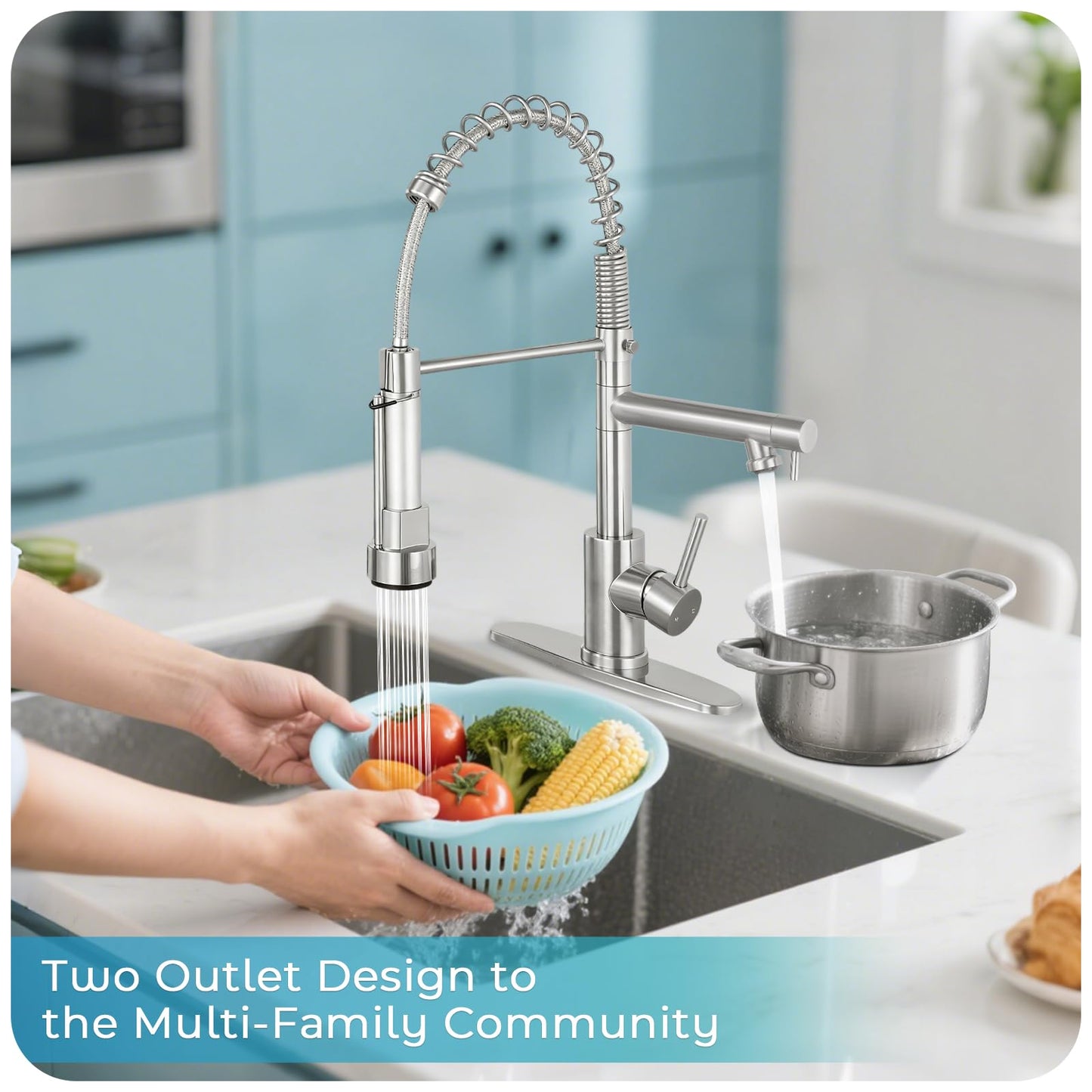 RNDIOZD Kitchen Faucet with Pull Down Sprayer - Brushed Nickel Single Handle Commercial Kitchen Faucets, 2-Spout Kitchen Sink Faucet, Stainless Steel Spring Pull Out Sink Faucet 1/3 Hole