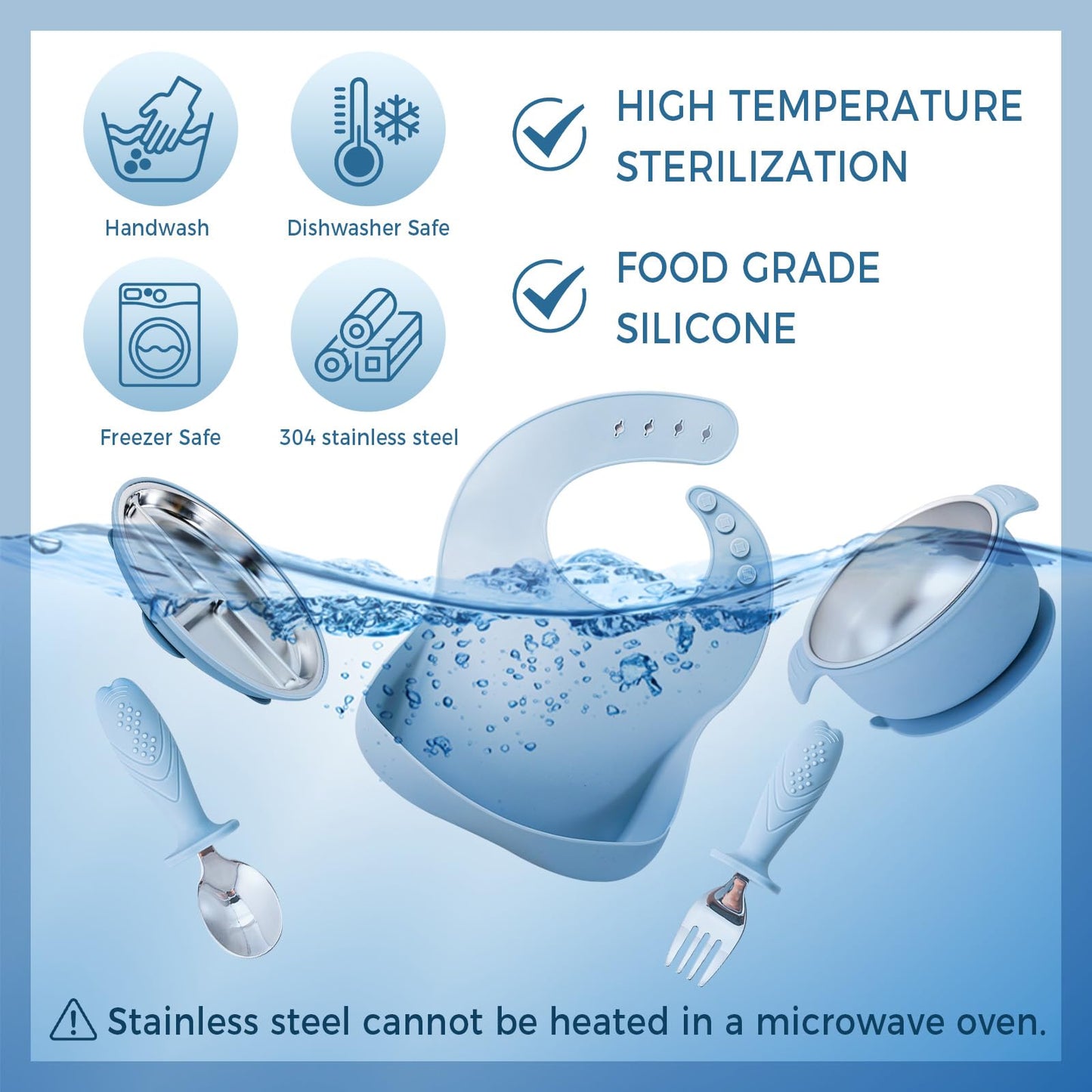 7 Pieces 304 Stainless Steel Baby & Toddler Feeding Set - Suction Divided Plates, Bowls, Silicone & Stainless Spoon Fork,Pocket Bib Unbreakable, Dishwasher Safe Kids Dinnerware Essentials (Blue)