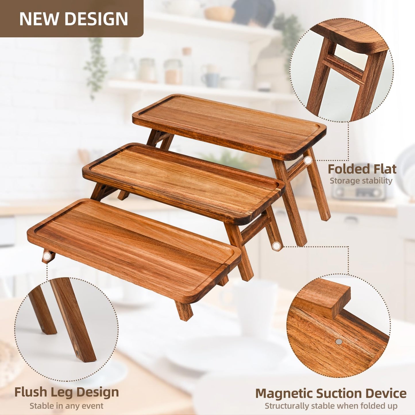 GEHE 3 Tier Serving Tray Acacia Wooden Tiered Tray Stand Foldable Dessert Table Display Set Decor Charcuterie Boards for Party, Birthday, Wedding, Christmas