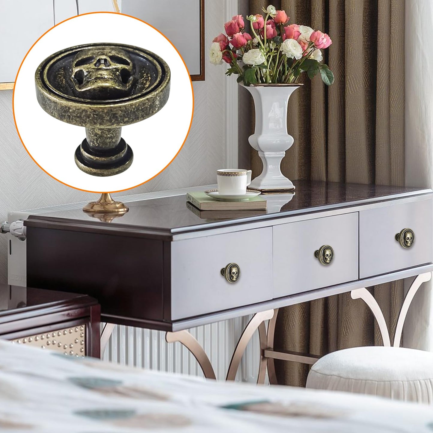 BAMI-LEE House Vintage Skull Knob, 6 pcs Single Hole Cabinets Pulls for Drawer, Wardrobes, Bookcases, Dresser, Closets (Bronze)