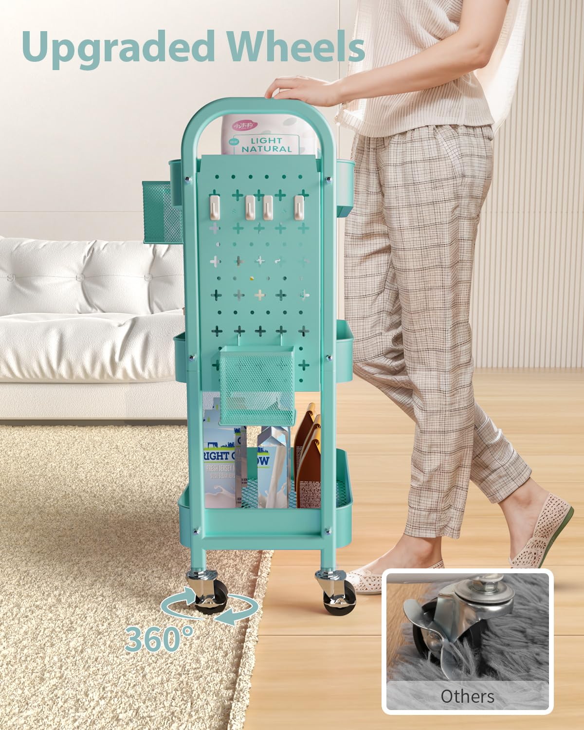 ALVOROG 3 Tier Rolling Cart with DIY Pegboards Metal Utility Cart with Wheels Handles Baskets Hooks, Craft Cart for Office Kitchen Bathroom(Tiffany Blue)
