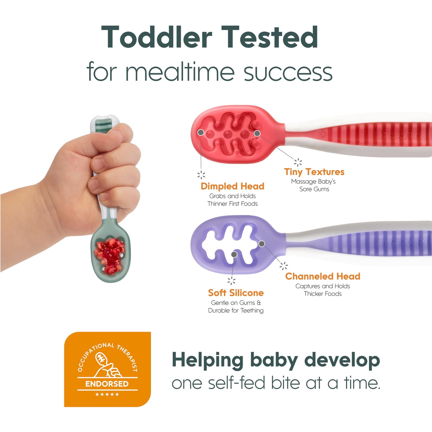 NumNum Baby Spoons Set, Baby Essentials Pre-Spoon GOOtensils for 6+ Months, First Stage Self-Feeding Spoons for Baby Led Weaning (BLW), Silicone Toddler Utensils, BPA-Free, 6 Pack Rainbow