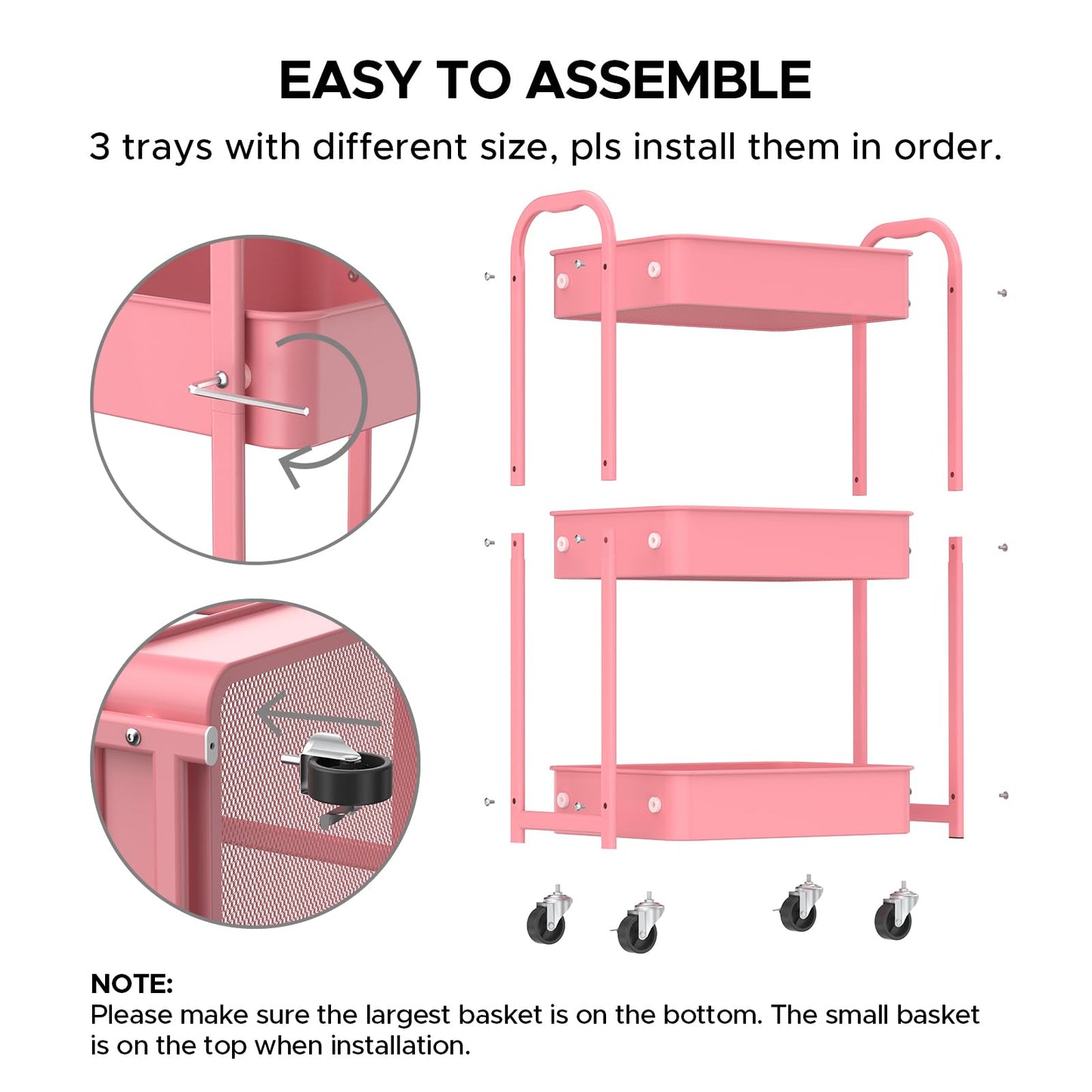 MAX Houser 3-Tier Rolling Utility Cart with Caster Wheels,Easy Assembly, for Kitchen, Bathroom (Pink)