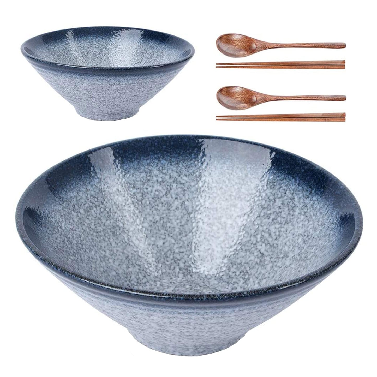 Lareina Ceramic Japanese Ramen Bowls, 2 Sets (6 Piece) 60 Ounce, Large Noodle Soup Bowl with Matching Chopsticks and Spoons for Asian Pho Udon Soba, Blue
