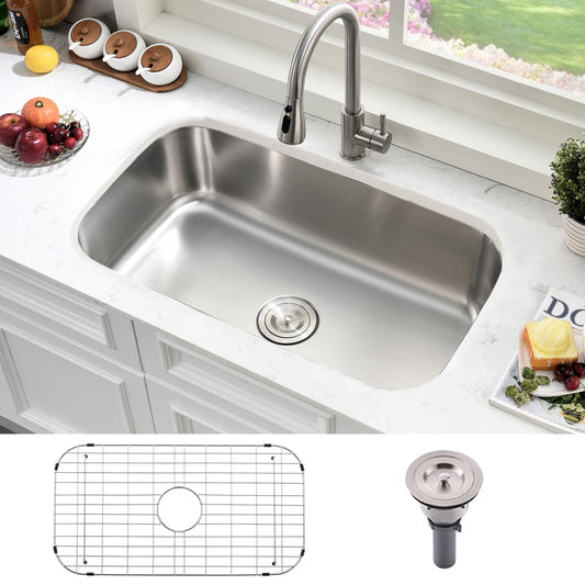 31 Inch Undermount Kitchen Sink Stainless Steel-Bokaiya 31x18 Stainless Steel Kitchen Sink Single Bowl 16 Gauge Large Corner Under Mount Sinks with Dish Grid
