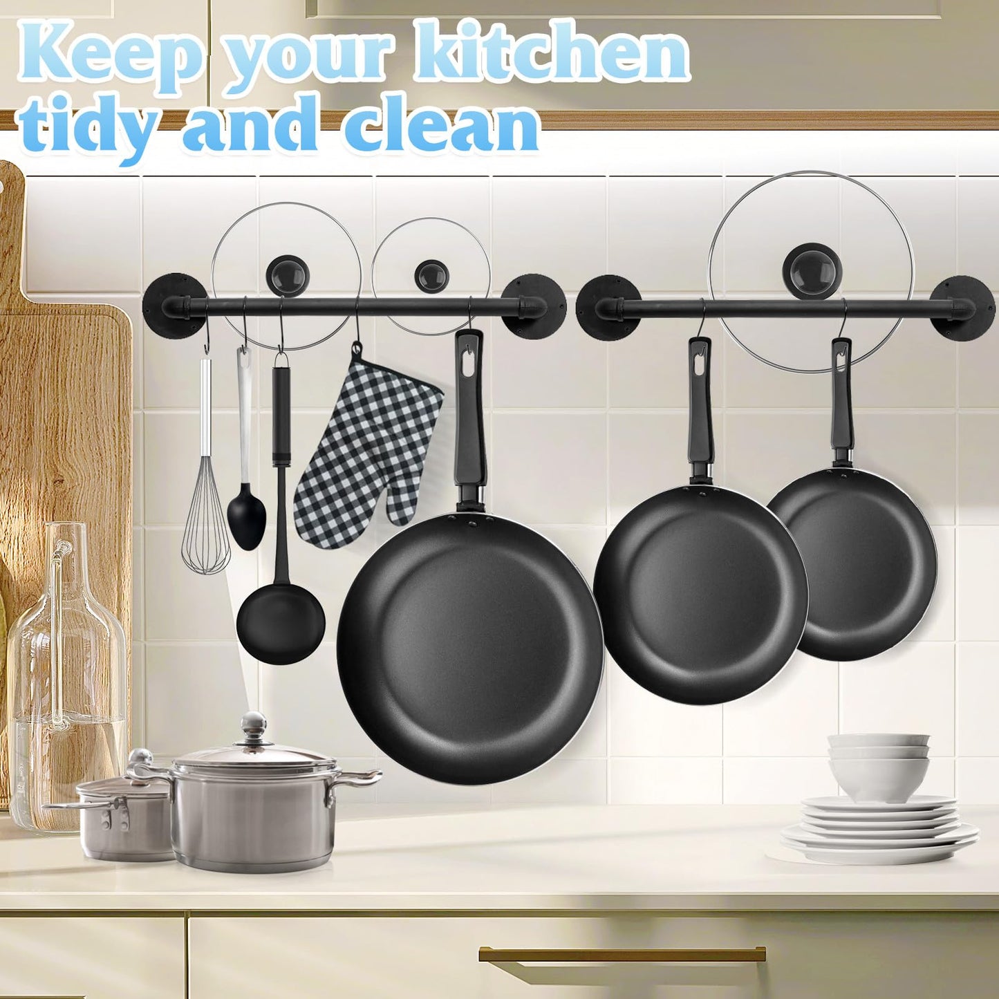 Boshangjia 16 inch Pot Rack Wall Mounted Set of 2, Pan Hangers for Kitchen, Iron Detachable Storage Organizer, Industrial Pipe Lids Holder Utensils Hanging Rail with 8 S Hooks