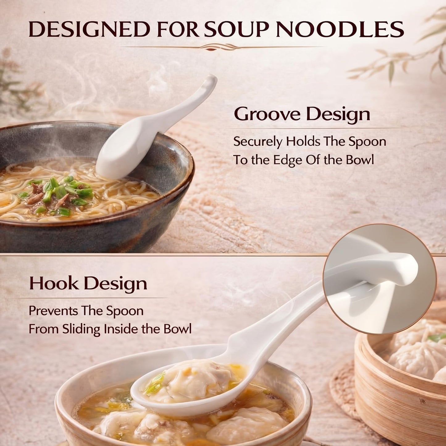 Hushee 12 Pack White Asian Soup Spoons Chinese Won Ton Soup Spoon for Soba, Pho Noodles, Ramen, Asian Noodles, Dishwasher Safe Certified Melamine 6.25 Inch