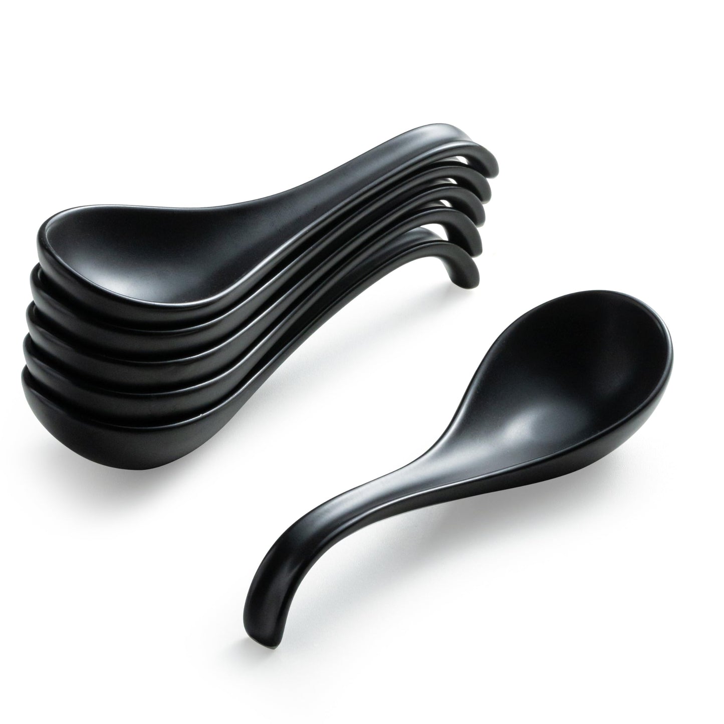 Gomakren Asian Soup Spoons, 6.5 Inch Ceramic Chinese Soup Spoons for Cereal, Ramen, Pho, Noodles, Stews, Black Kitchen Spoons with Long Handle and Deep Oval Design - Set of 6