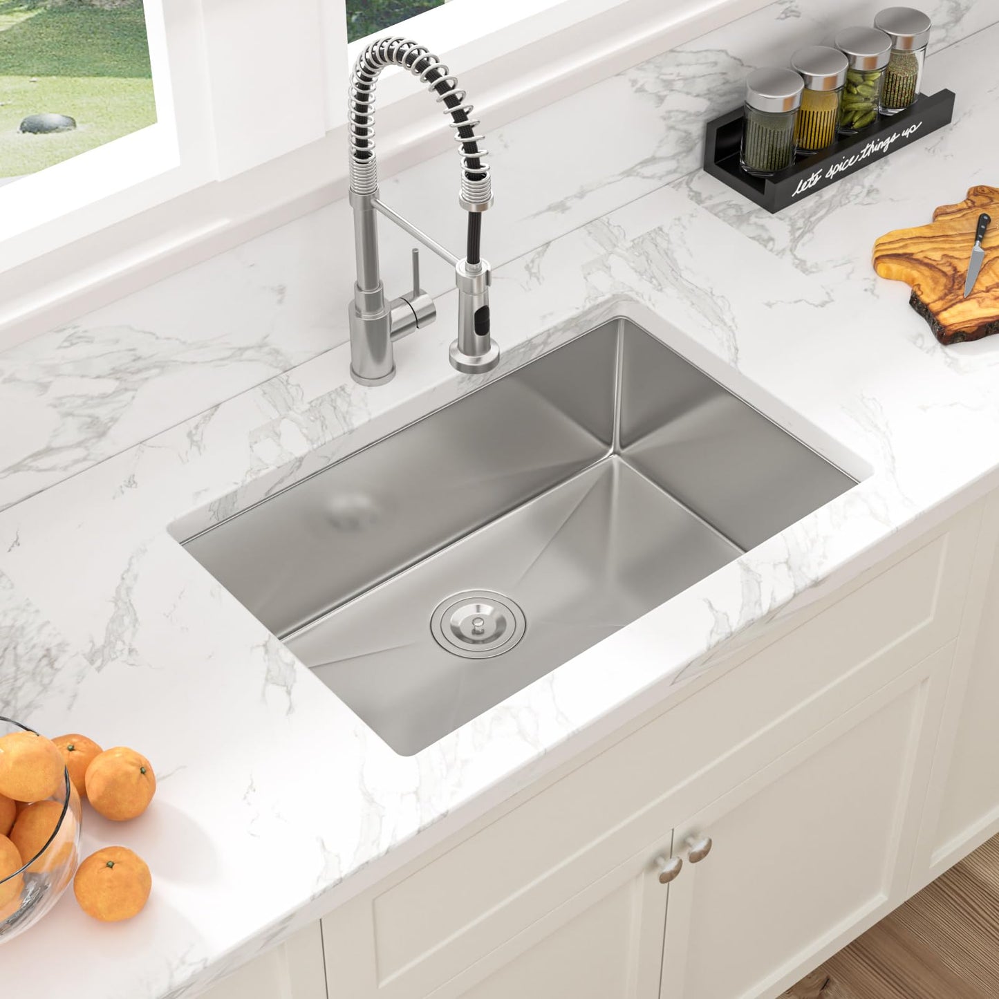 Sarlai 28 Inch Undermount Kitchen Sink - 28" x 18" Undermount Sink Single Bowl Stainless Steel 16 Gauge Kitchen Sink Under Counter Round Corner Basin