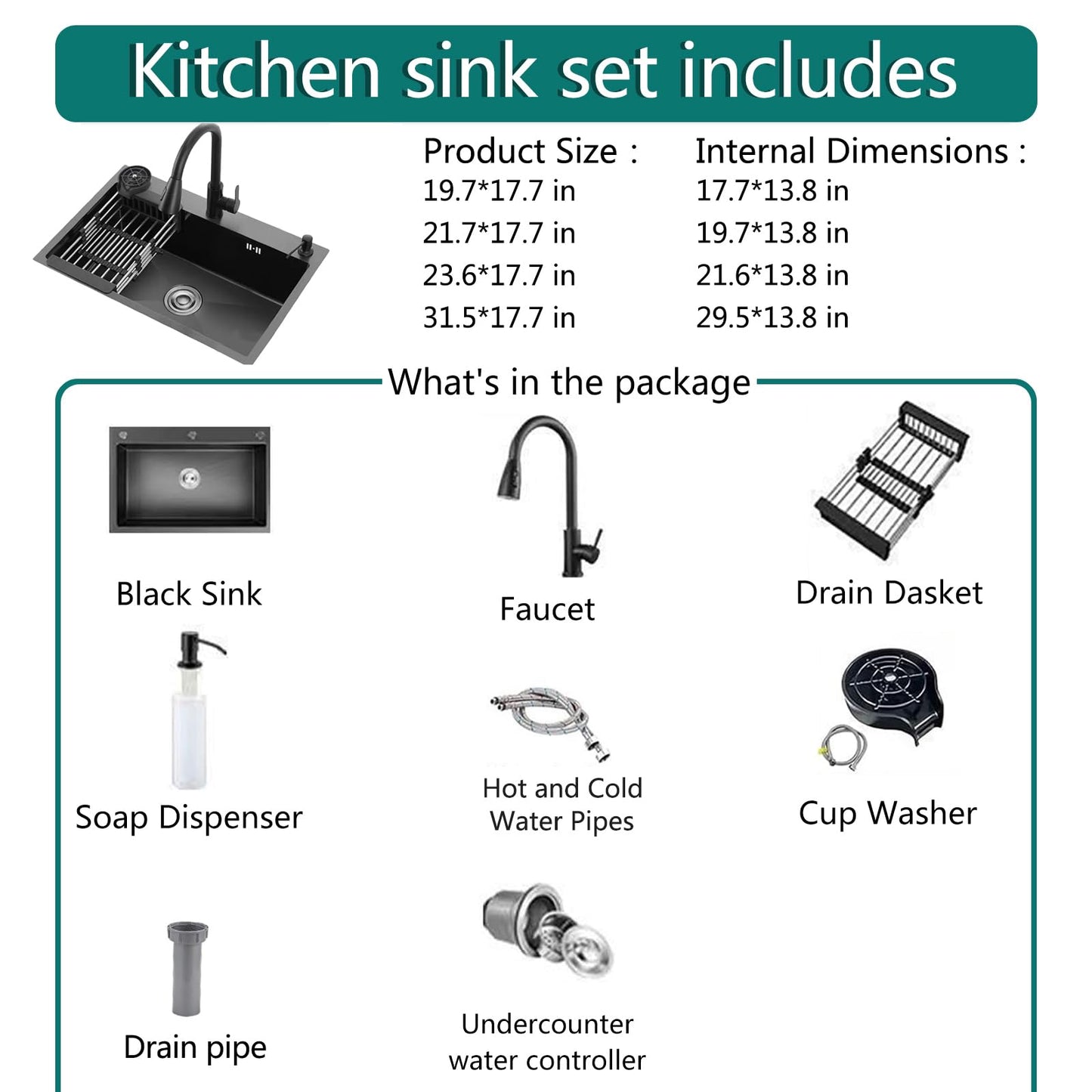 YINXSLO Black Kitchen Sink with Faucet, Top Mount/Drop-In 3 Hole Single Bowl Stainless Steel Sink with Cup Washer, Soap Dispenser, Drainage kit for Bar, Kitchen, Balcony (19.7 * 17.7in)