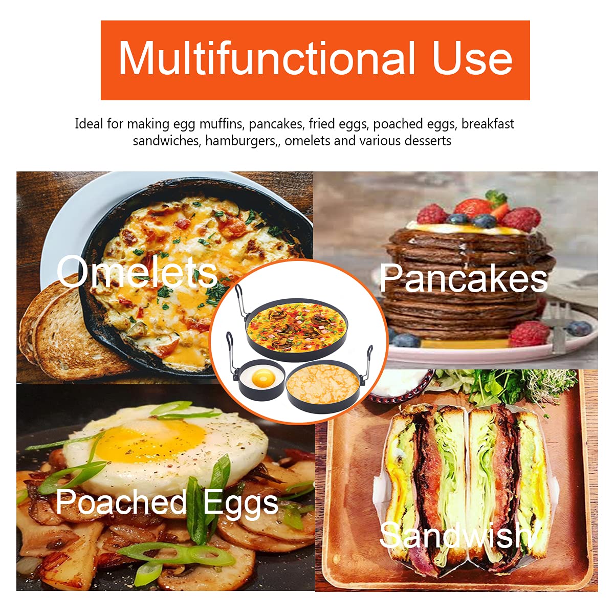 Stainless Steel Egg Cooker Set - 8" Omelette Ring, 6" Pancake Ring, 4" Griddle Egg Ring - Non-stick, Upgrade Large 3 Packs Egg Cooking Rings with Oil Brush & Egg Separator