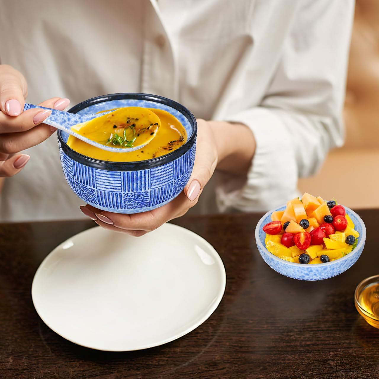 Kichvoe Japanese Ceramic Soup Bowl Set with Lid & Spoon, 4"/8.45oz Miso/Ramen Bowl for Noodles, Rice, Family Dinners & Home Kitchen Dinnerware