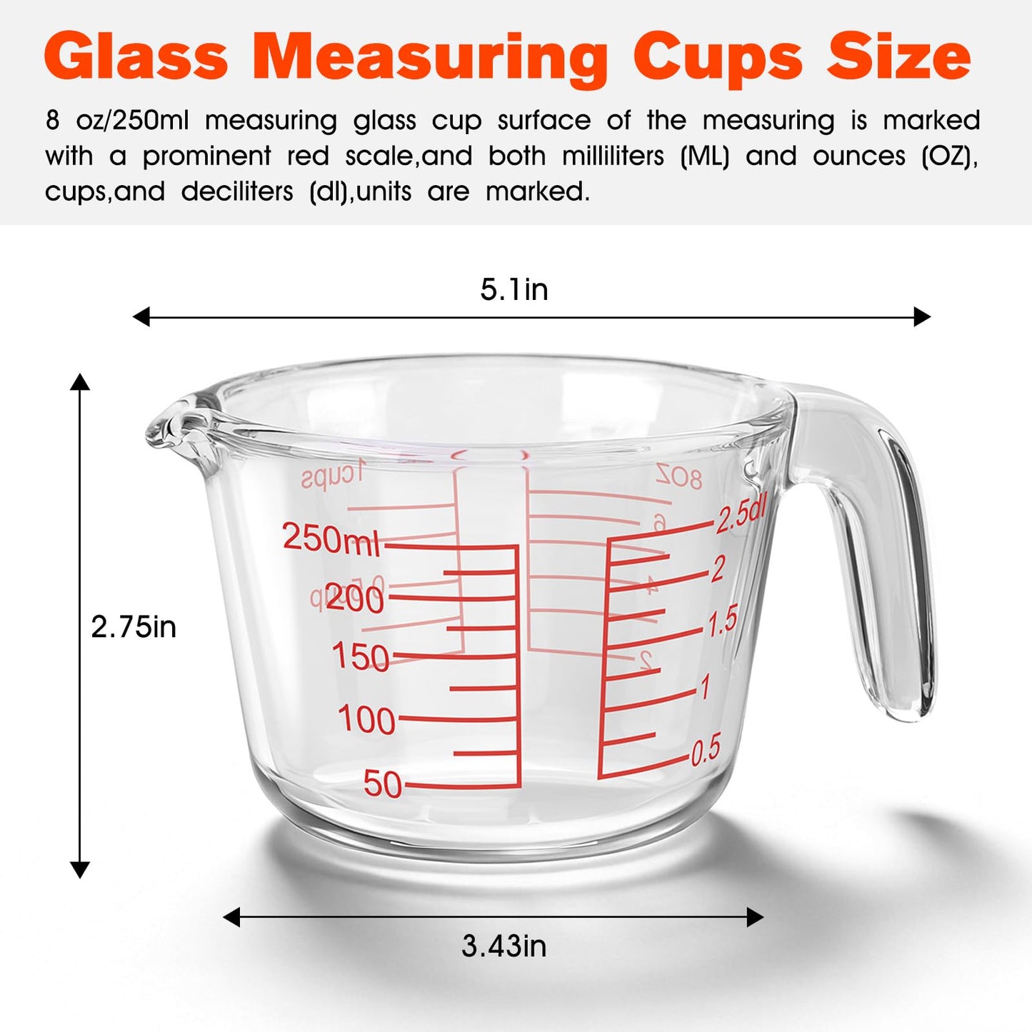 1 Cup Glass Measuring Cups,Clear Borosilicate Glass Liquid Measuring Cup for Kitchen & Baking Microwave Oven Dishwasher Safe Measuring Cups,8 oz/250ml Glass Measuring Cup