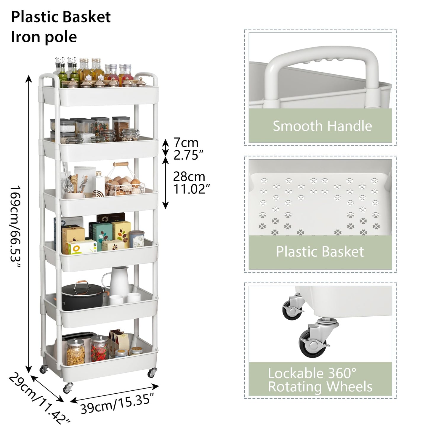 Sywhitta 6-Tier Plastic Rolling Utility Cart with Handle, Multi-Functional Storage Trolley for Office, Living Room, Kitchen, Movable Storage Organizer with Wheels, White
