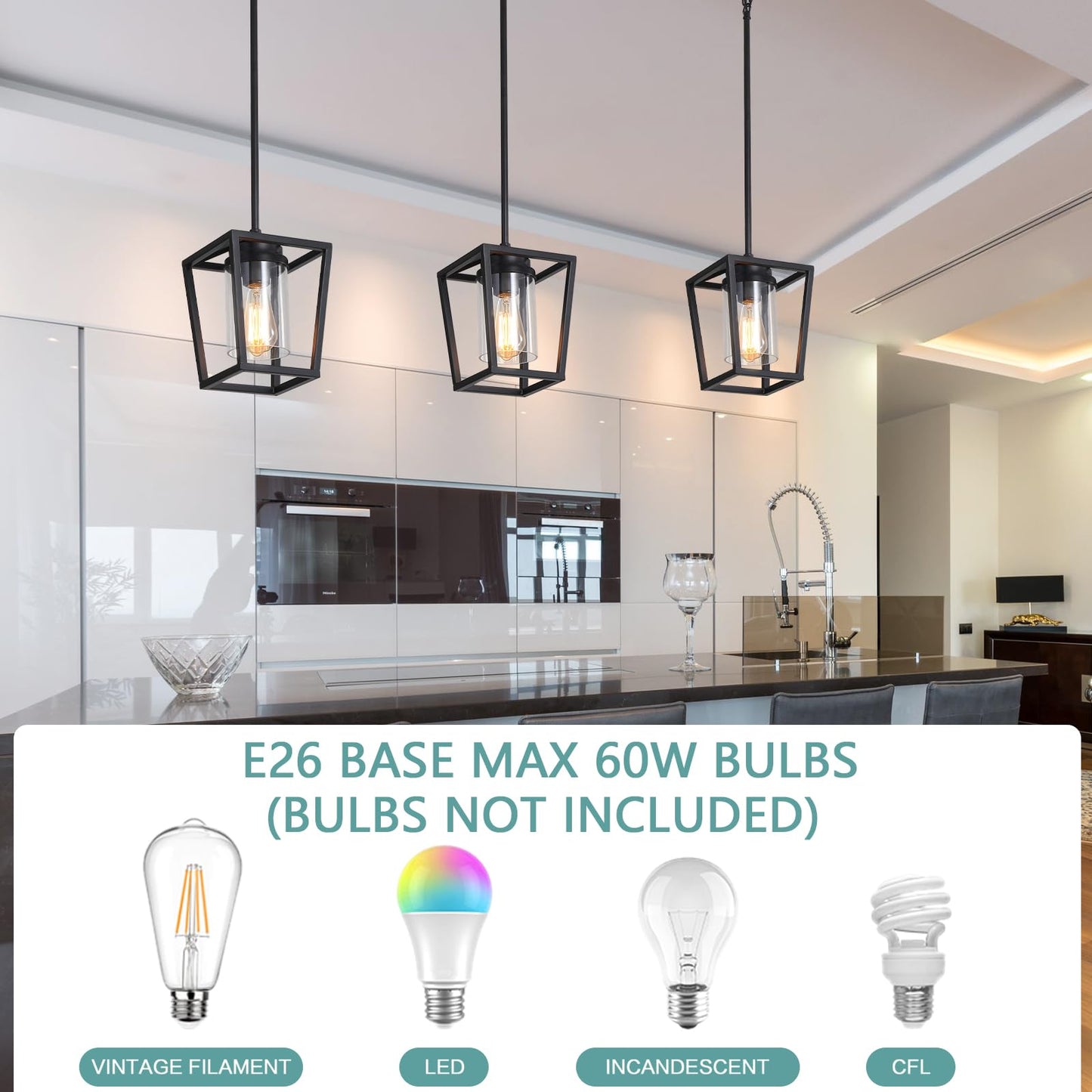 SGLfarmty 1-Light Black Pendant Lights Kitchen Island, Modern Farmhouse Cage Metal Adjustable Lantern Hanging Light Fixture with Glass Shade for Over Sink Dining Room Entryway Hallway