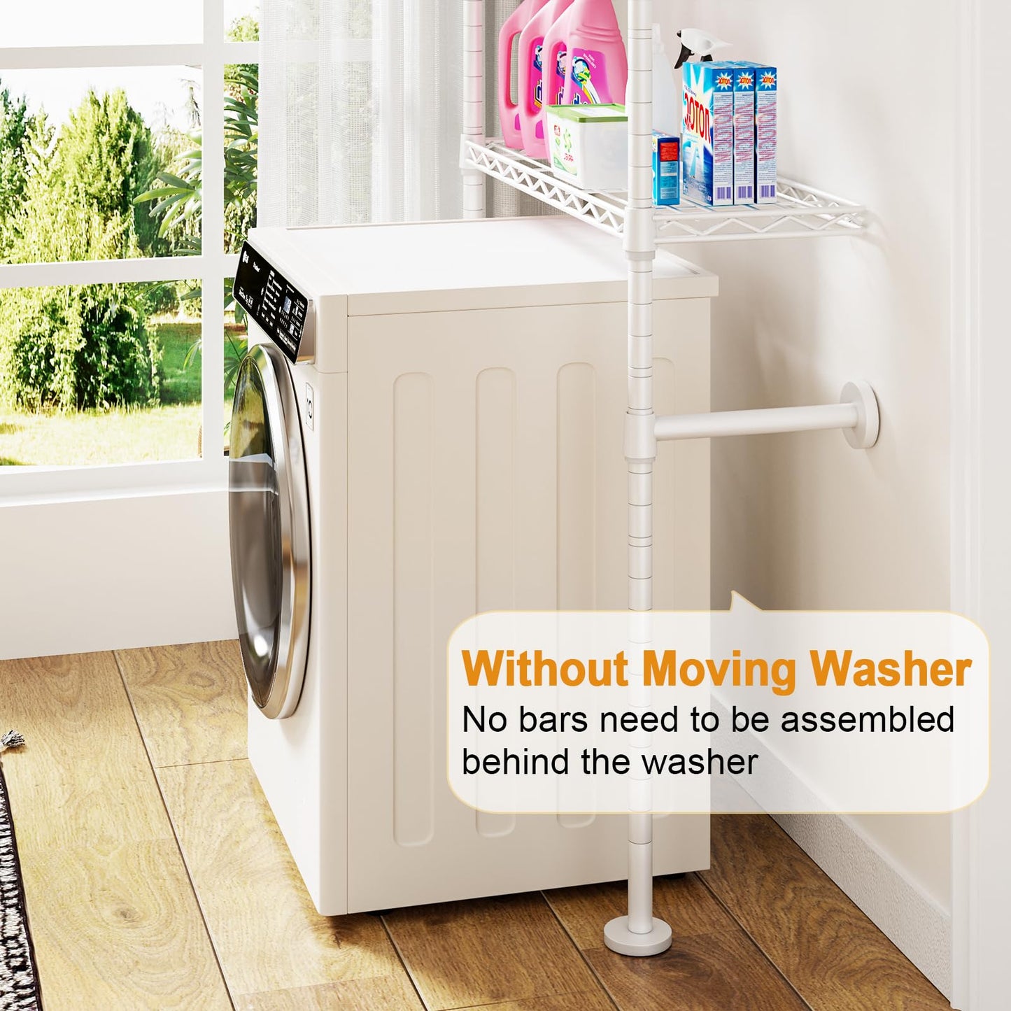 ULIFHOME U17 Wall-Mounted Over The Washer Dryer Shelves Without Moving Machines, Laundry Room Rack with Adjustable Shelves and Hanger Rod, 35" W x 22" D x 86.2" H, Holds 352 lbs, White