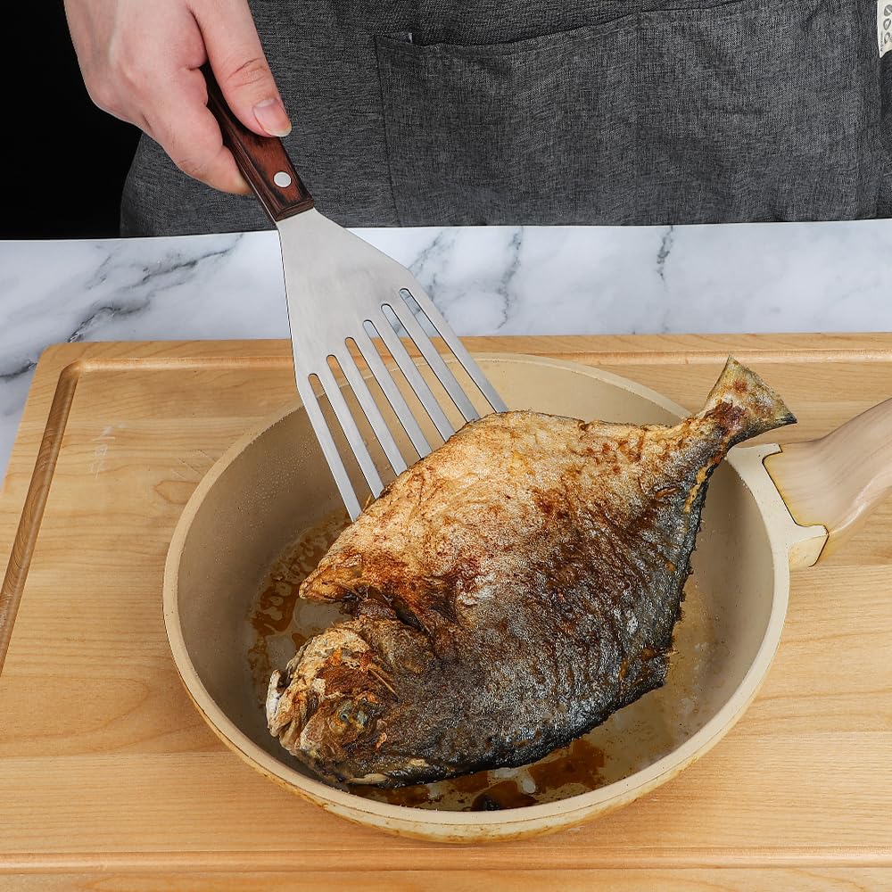 MSY BIGSUNNY Heavy Duty Fish Turner, Stainless Steel Slotted Turner with Pakkawood Handle, 4X13 Inches