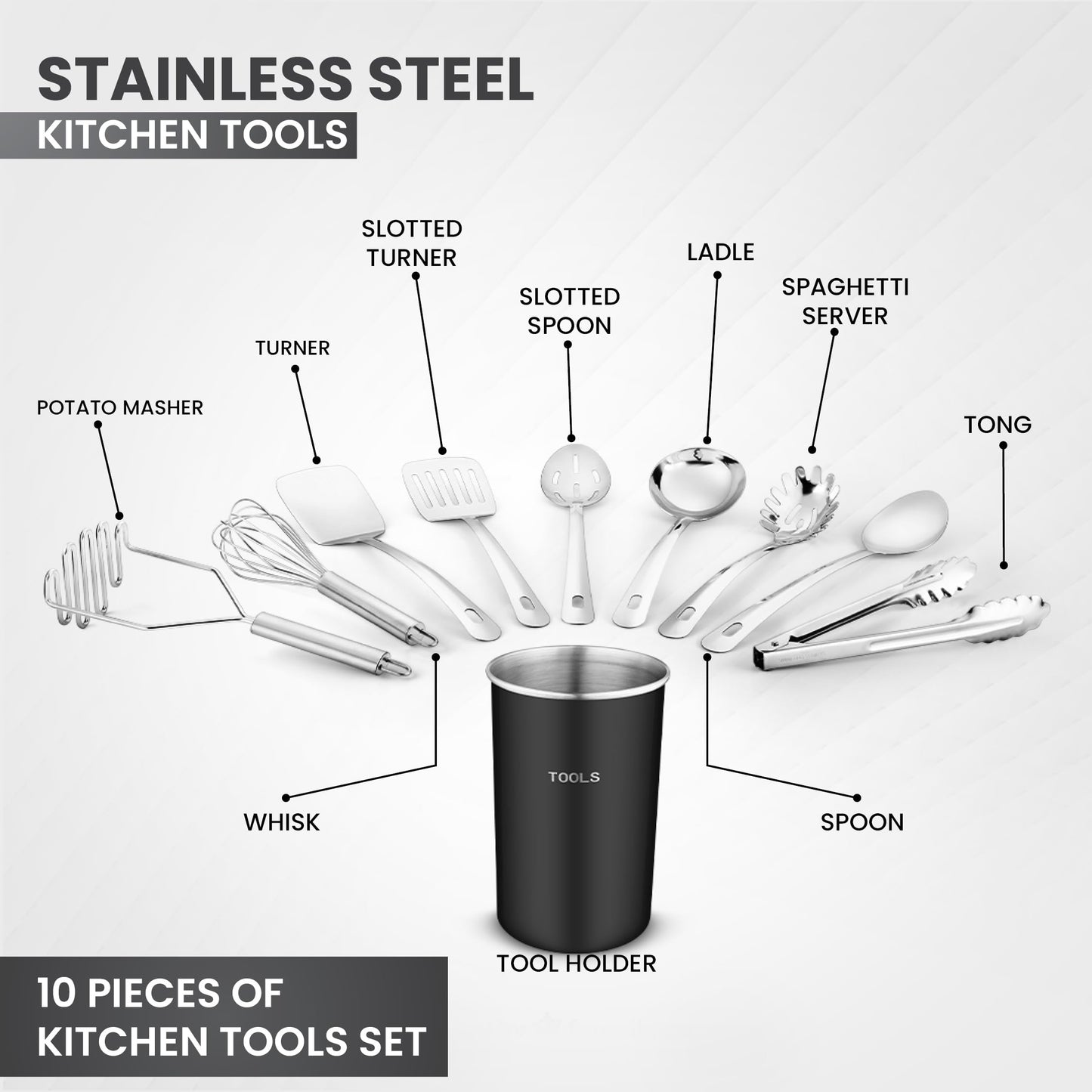 Avador® Premium Set of 10 Stainless Steel (BLACK HOLDER) Kitchen Tool Set with Holder Easy To Clean, Space Saving, Great for Cooking, Baking, Prepping (BLACK)