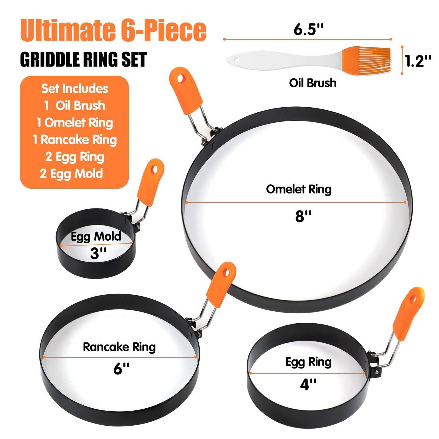 6 Packs Professional Pancake Ring Set,3" Omelette Ring,4" Non-stick Griddle Pancake Shapers with Oil Brush,6" Stainless Fried Egg Molds with Orange Anti-scald Silicone Handle,8" Pancake Molds
