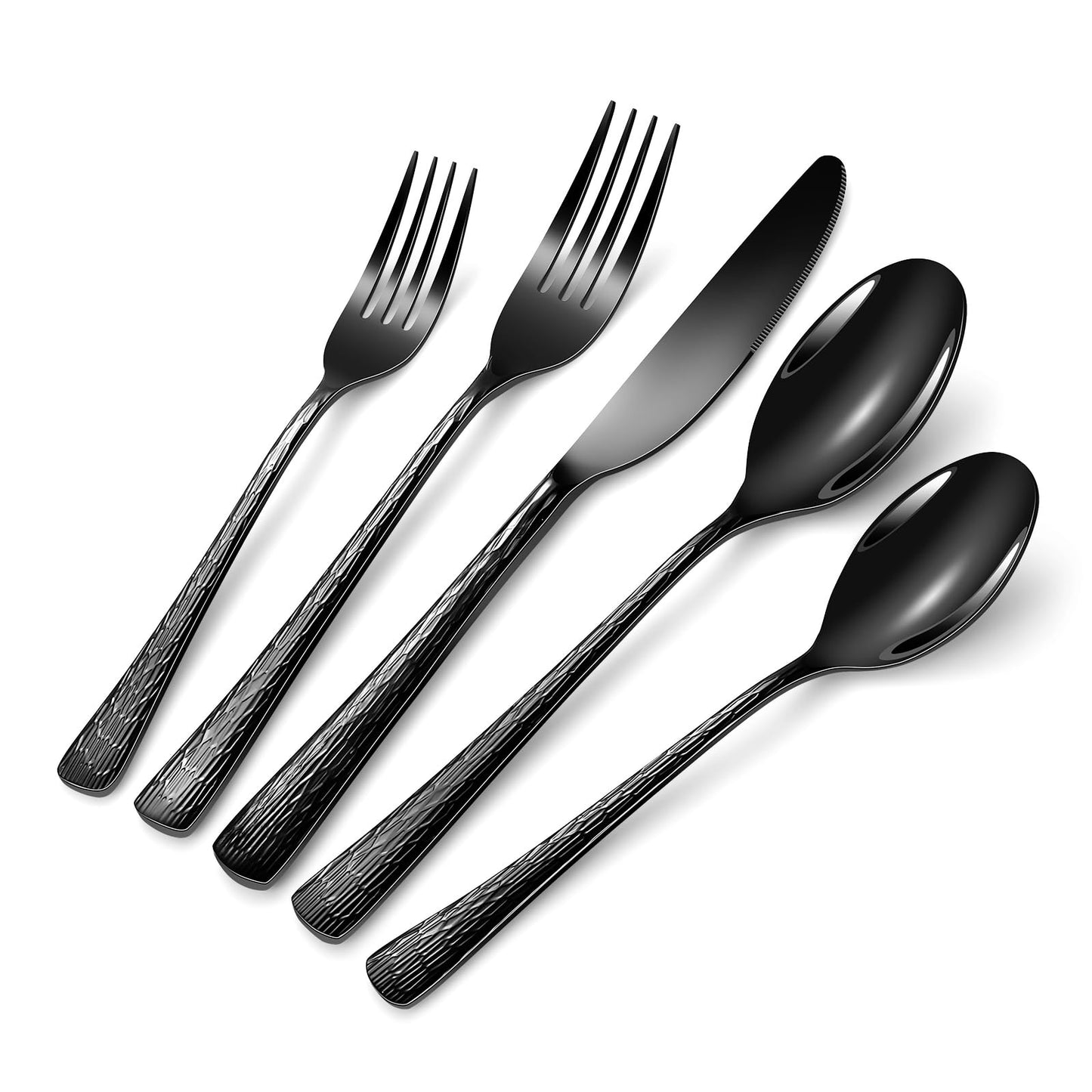 Izurok Black Hammered Silverware Set for 6, 30 Piece Heavy Duty Silverware, 18/10 Stainless Steel Flatware Cutlery Utensil Set for Wedding Festival Gift, Mirror Polished, Dishwasher Safe