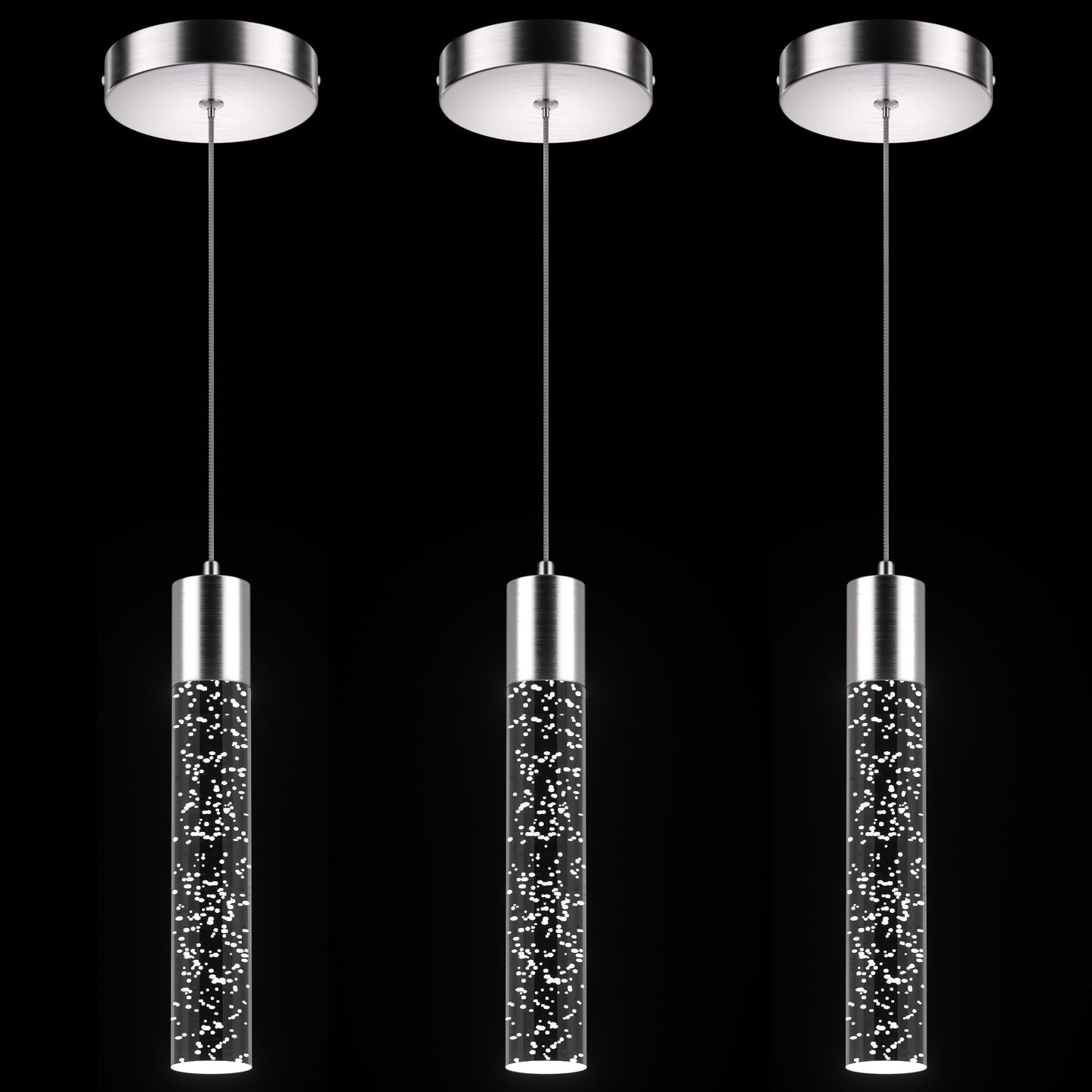 Esfos Pendant Lights Kitchen Island, 6500K Modern Kitchen Island Lights Brushed Nickel, 3 Pack Ceiling Lighting Fixtures with Crystal Bubble, Integrated LED Hanging Light for Dining Room Restaurant