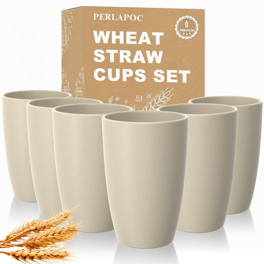 Perlapoc Wheat Straw Unbreakable Cups, Large Cups 20 OZ Set of 6, Alternative to Plastic Cups Reusable, Dishwasher Safe Tumblers & Water Glasses for Kitchen, Parties, Camping, RV, Beige