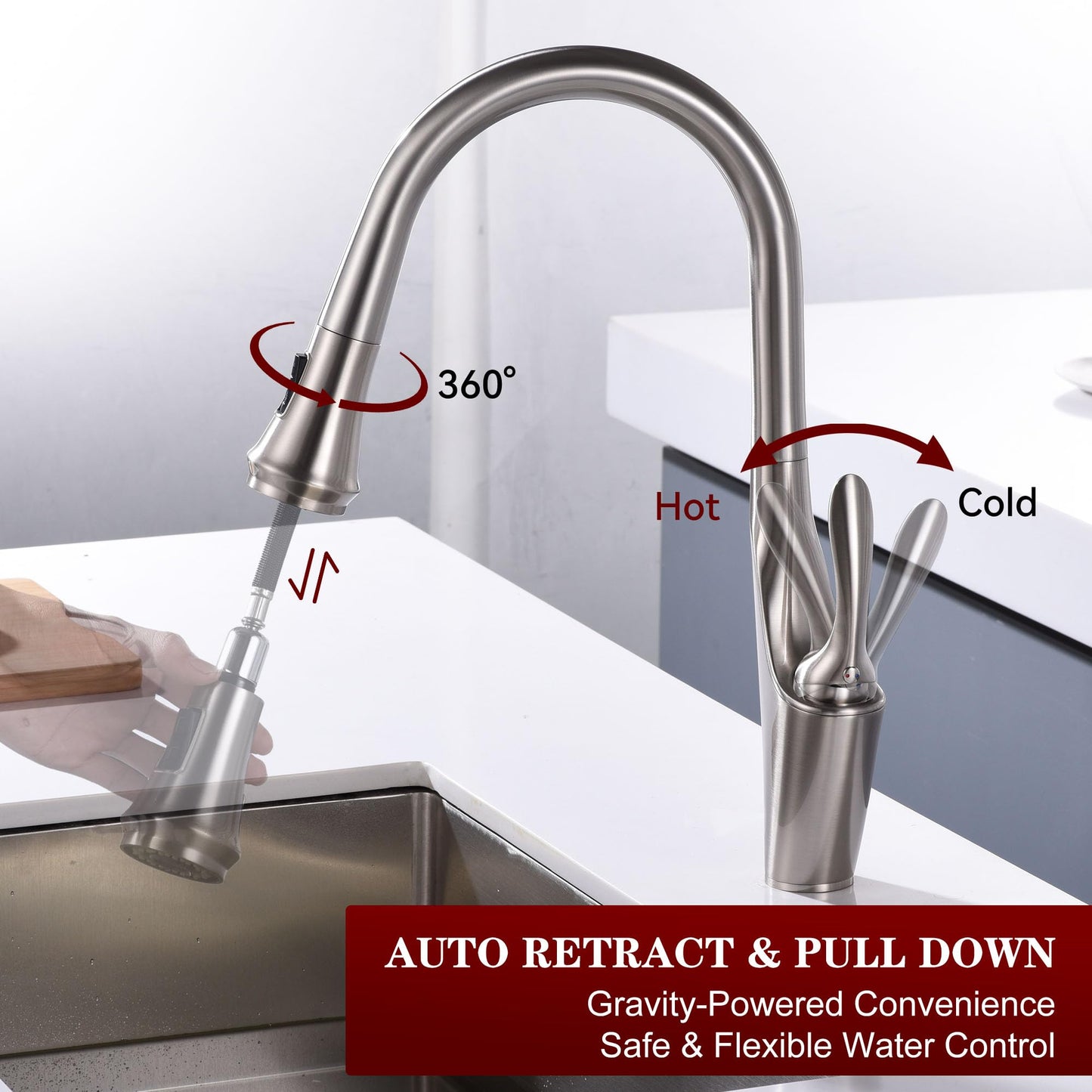 sumerain Brushed Nickel Single Handle Pull Out Kitchen Faucet, Stainless Steel 1 Hole Kitchen Sink Faucet with Pull Down Sprayer