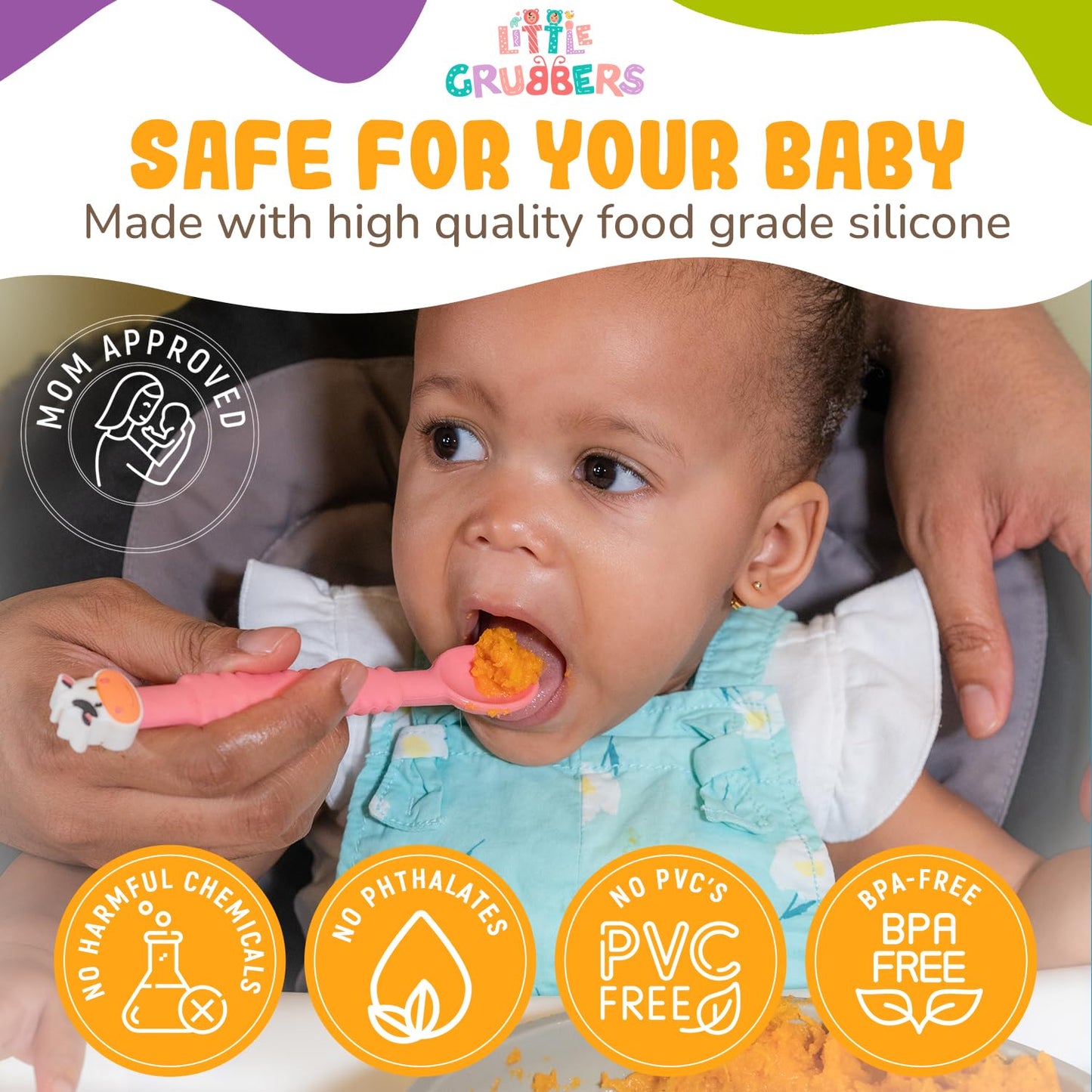 Little Grubbers 3-in-1 Silicone Baby Spoon Self Feeding 6+ Months - Pediatric OT Designed Teether Spoon, BPA Free Toddler Utensils, Mess-Free, Fun for Baby Led Weaning Supplies, Duck & Tiger