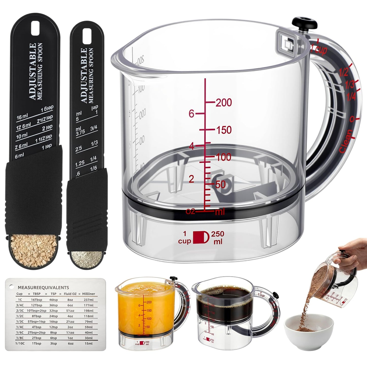 Saysurey 4 In1 Adjustable Measuring Cup Set Multi with Scraper Style Seal Base Adjustable Measuring Spoon Measurement Conversion Chart Space Saving Easy to Clean for Baking Cooking