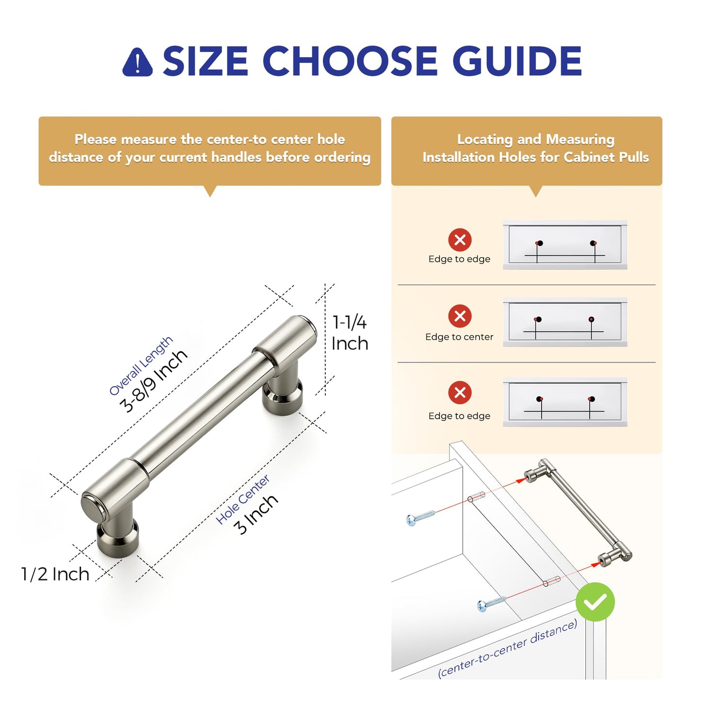 Ravinte 2 Pack 3 Inch Hole Center Solid Kitchen Cabinet Handles Brushed Nickel Dresser Pulls Cabinet Drawer Pulls for Kitchen Cupboard Hardware