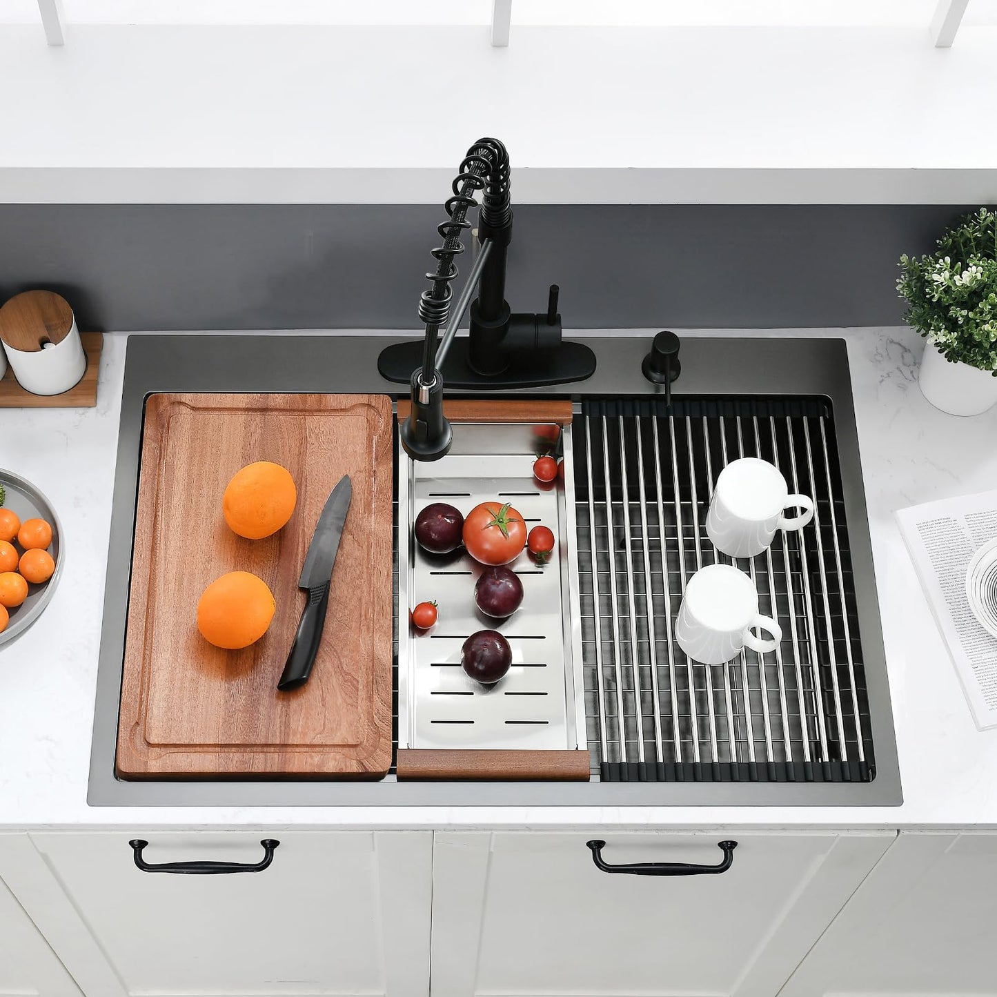 BWXIAOC 33 x 22 Drop In Kitchen Sink Black Workstation - 16 Gauge Stainless Steel Sinks Handmade 10 Inch Deep Single Bowl Kitchen Sink Top Mount Easy to Clean