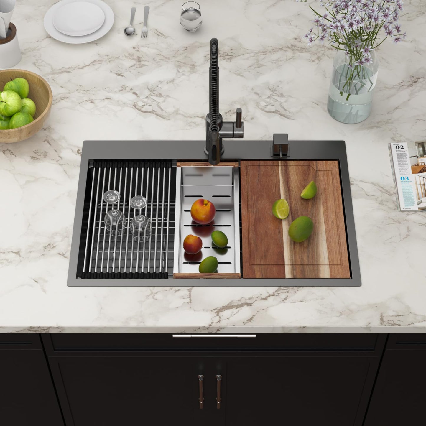 Couoko 33x22 Black Drop In Kitchen Sink Workstation 16 Gauge Stainless Steel Single Bowl Drop Kitchen Sinks Nano PVD Gunmetal Black Handmade Large Deep Topmount Sinks, 33x22x9 Inch