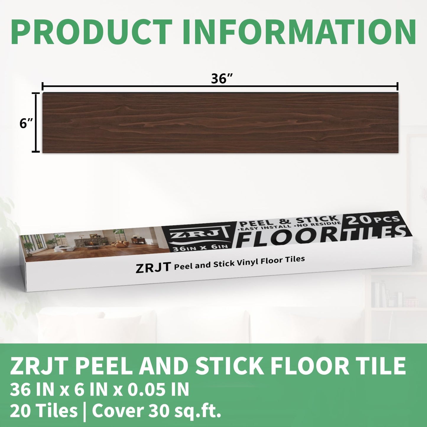 30 Sq.Ft. Peel and Stick Vinyl Floor Tiles 36" x 6" Wood Look Planks, 20 Pack Waterproof Self-Adhesive Flooring Tiles, DIY for Renter, Kitchen, Living Room, RV, Dark Brown