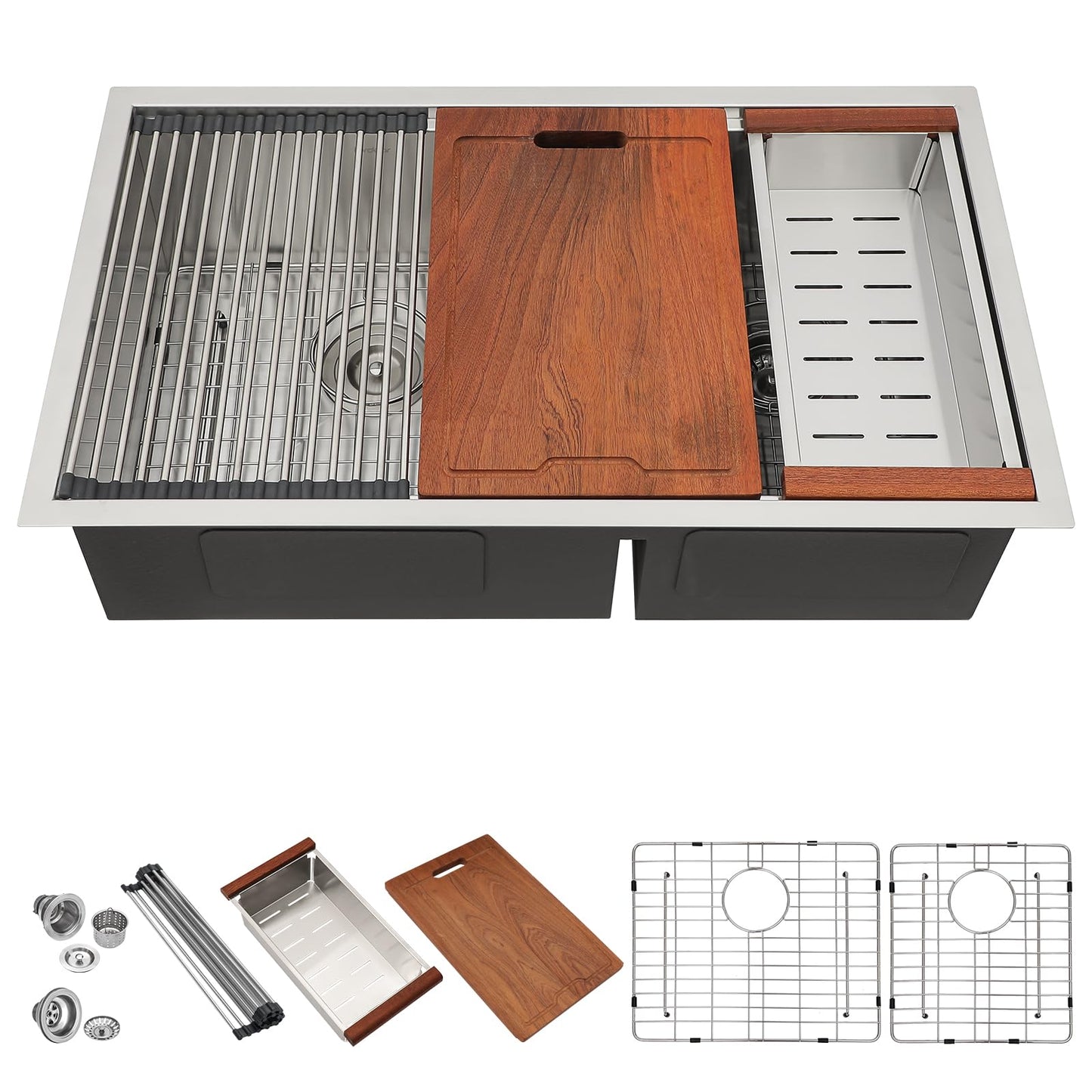 Lordear Undermount Double Kitchen Sink 32 Inch 16 Gauge Undermount Workstation 60/40 Double Bowl Sink Stainless Steel with Smart Low Divider 32x19 Inch Double Basin Kitchen Sinks Handmade