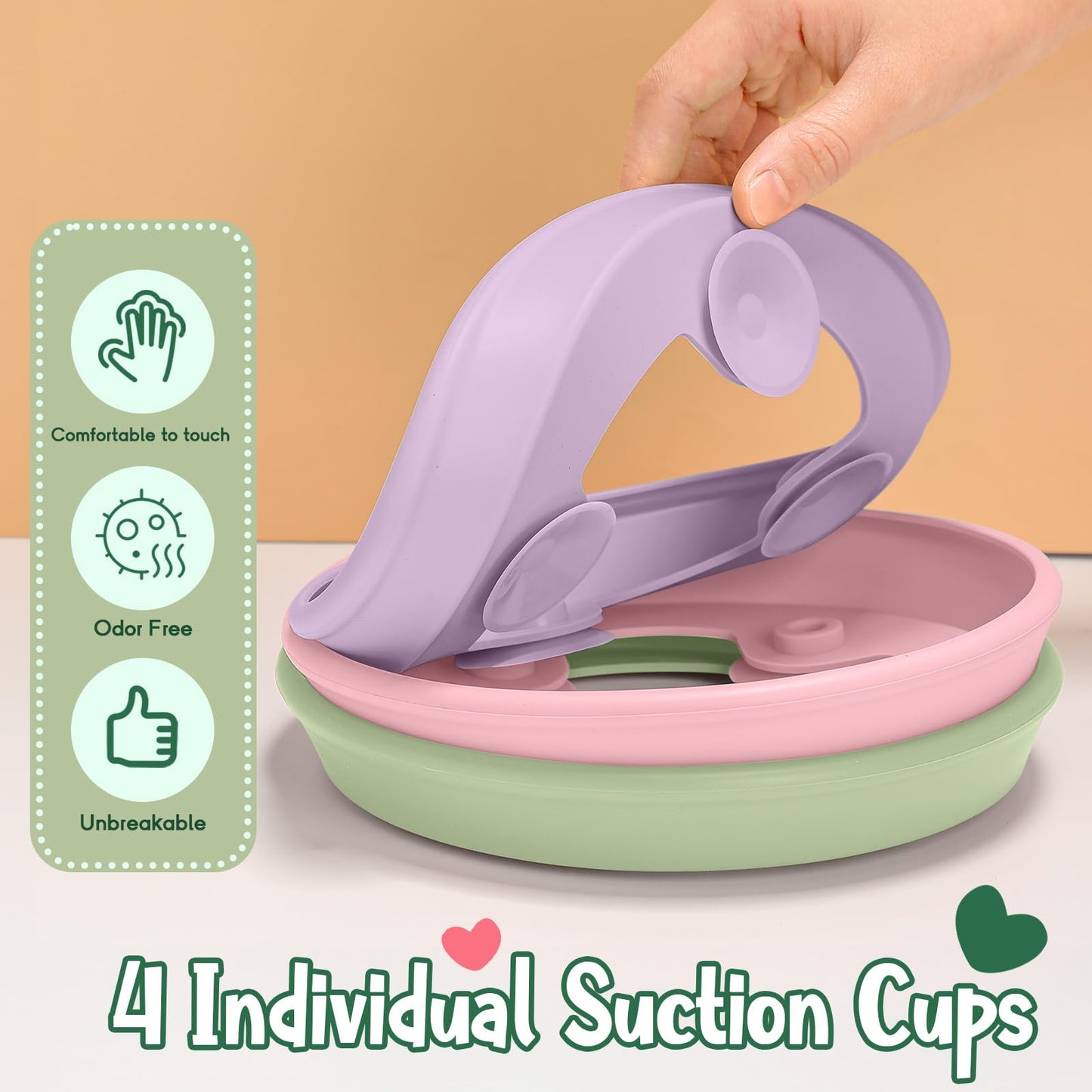 Teenyyou 3 Pack 8" Large Porcelain Toddler Plates Feeding Set, Ceramic Kids Suction Plates with Anti Slip Silicone Sleeve for Baby 3 Spoons and Forks Divided Kids (Green,Pink,Purple)