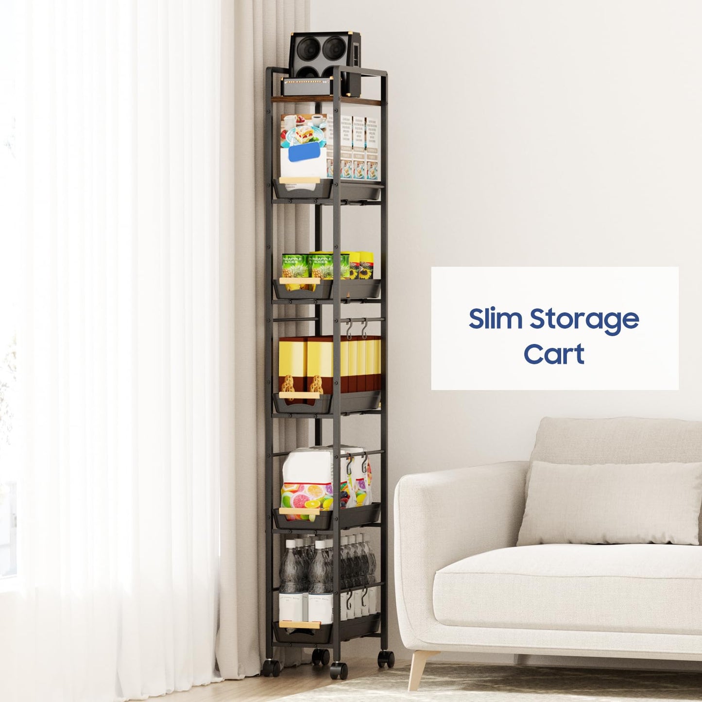 MAYBOSS 6 Tier Slim Storage Cart with Pull-Out Baskets Rolling Cart with Wheels Wood Top Narrow Utility Cart Metal Shelving Units for Pantry Laundry Room Bathroom Kitchen Black 8in(W)