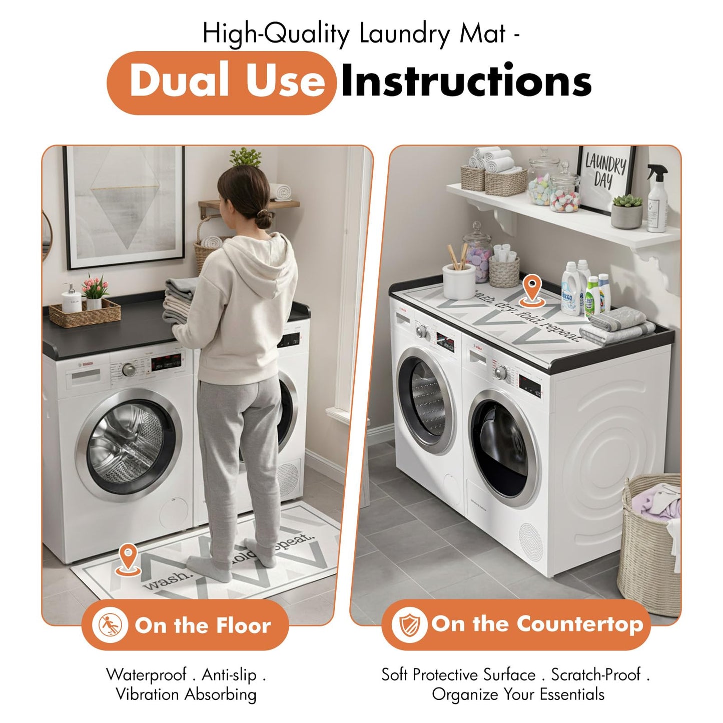 Furnivio Premium Washer Dryer Countertop with Anti-Slip Pad, 54inch Laundry Room Organization Set, Stackable Storage Solution with Silicone Ironing Mat, Diatomite Mat(Black)