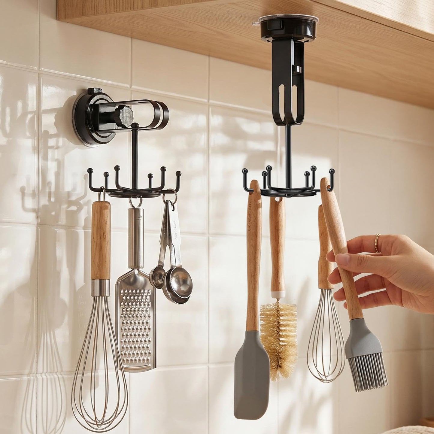 BANGMANG 2 Pack Vacuum Suction Cup Kitchen Utensil Hook with 6 Hooks, [Up to 11 lbs ] Under Cabinet Kitchen Hooks with 360° Rotating, Utensils Hanging Rack for Kitchen, Bedroom, Bathroom, Glass