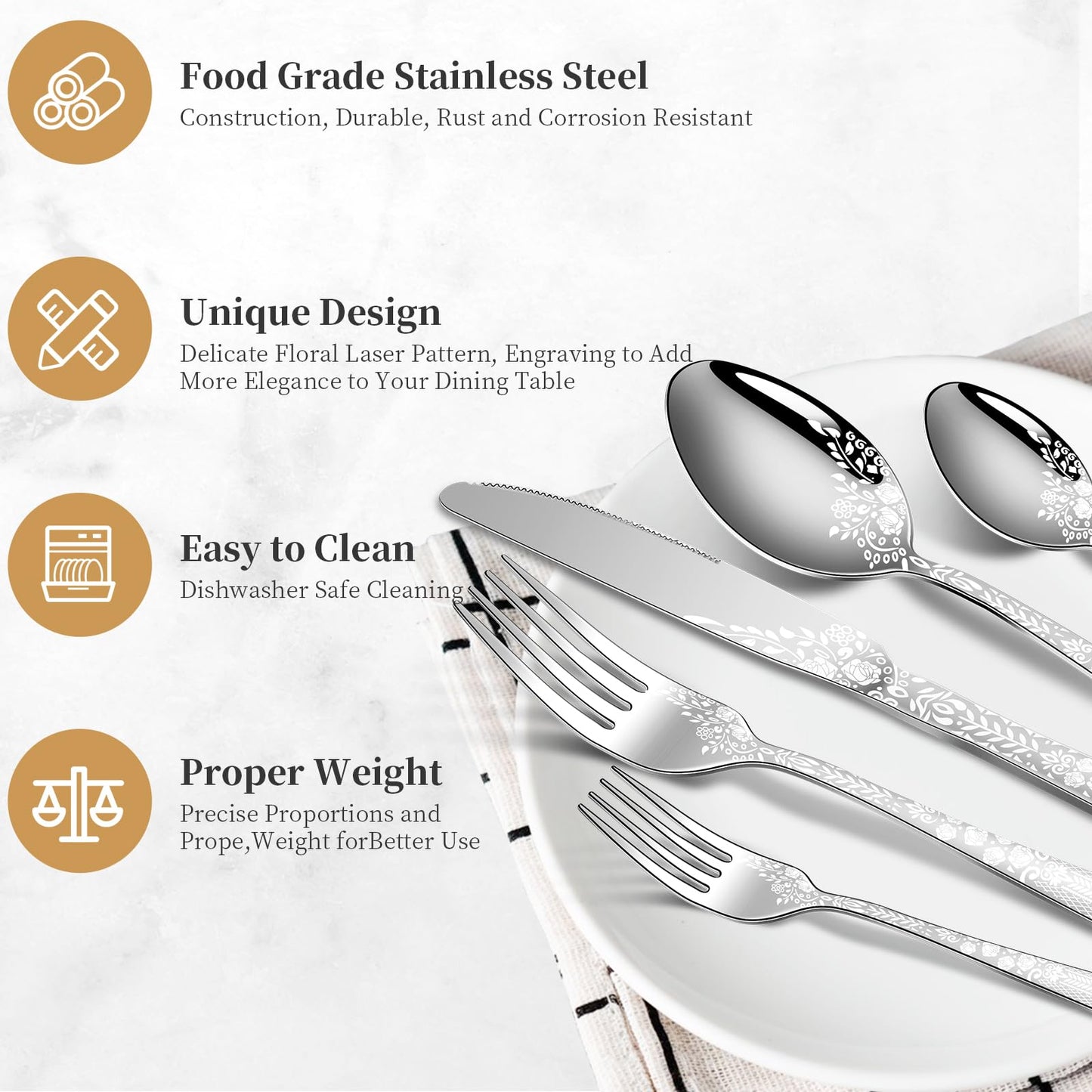 40 Piece Silverware Set, Stainless Steel Flatware Cutlery Set Service for 8, Mirror Polished Tableware Eating Utensils Set for Home Kitchen, Include Knife Fork Spoon Set, Dishwasher Safe