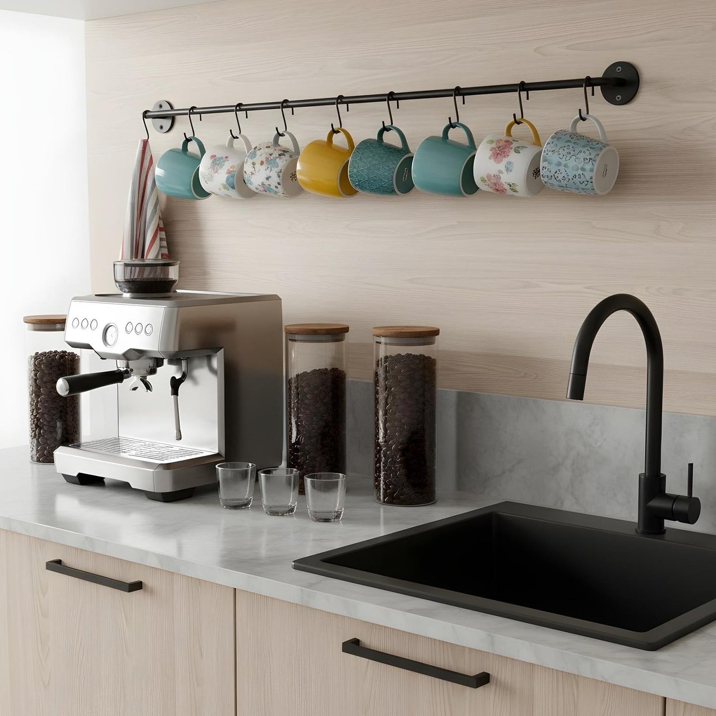 Tolare 4 Pcs Black Iron Kitchen Utensil Rack Wall Mounted Organizer with 20 Hooks, Heavy Duty Kitchen Rail with Hooks for Pots Pans Lids Storage, Space Saving Wall Hanger Holder for Organization