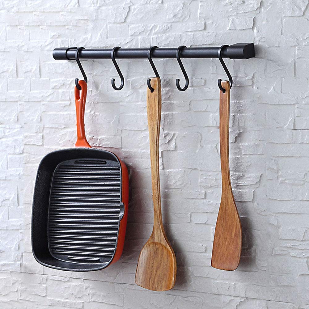 KAIYING Kitchen Utensil Rack with Removable S Hook for Hanging Pots and Pans, Rod Hooks for Mugs, Wall Mounted Kitchen Rail Organizer, Aluminum,(Black-5 Hooks)